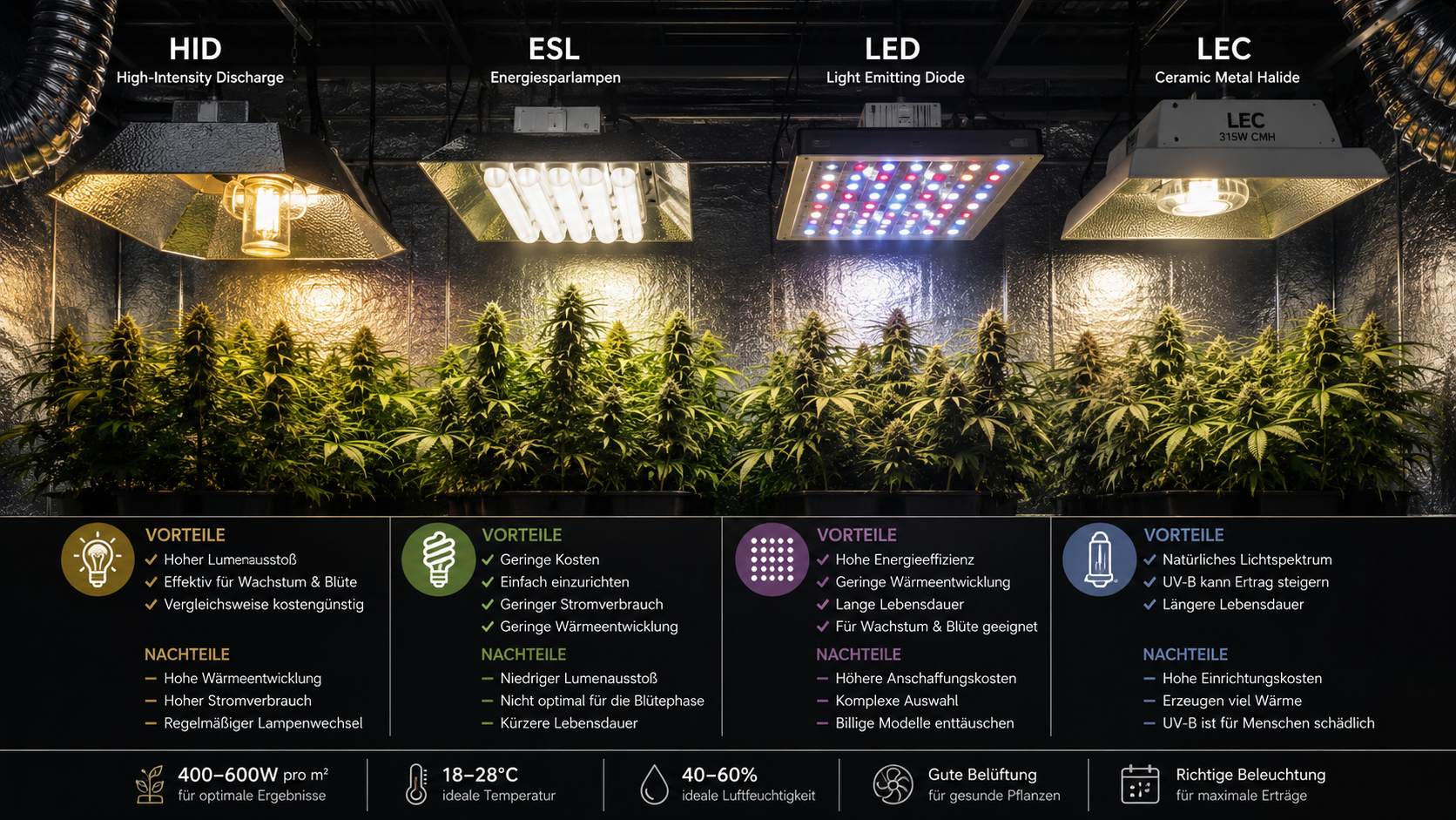 Alle Arten von Grow-Lampen im Vergleich mit Vor- und Nachteilen