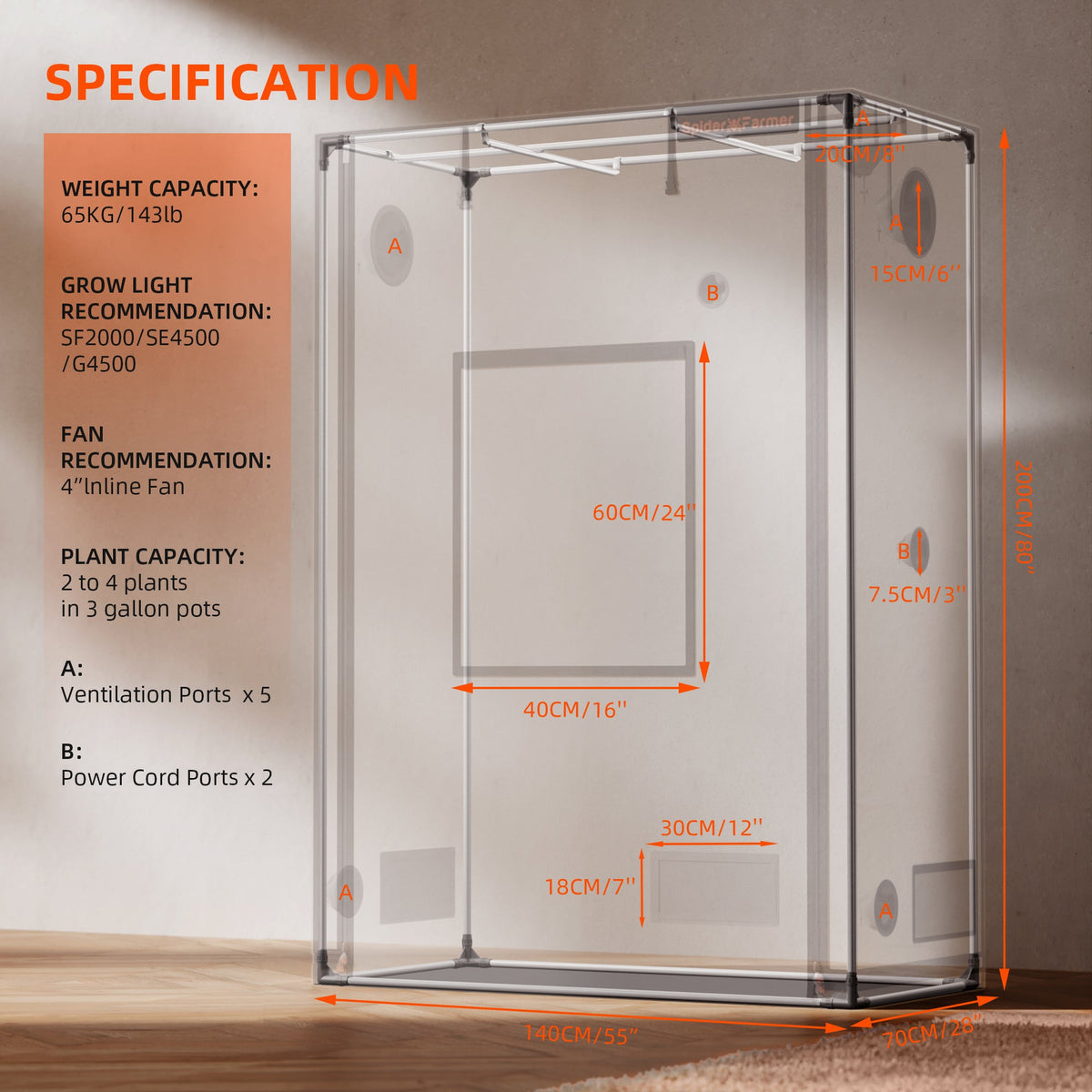 Spider Farmer Pro Komplettset 140x70x200 cm – Pro Growbox Abmessungen und Anschlüsse