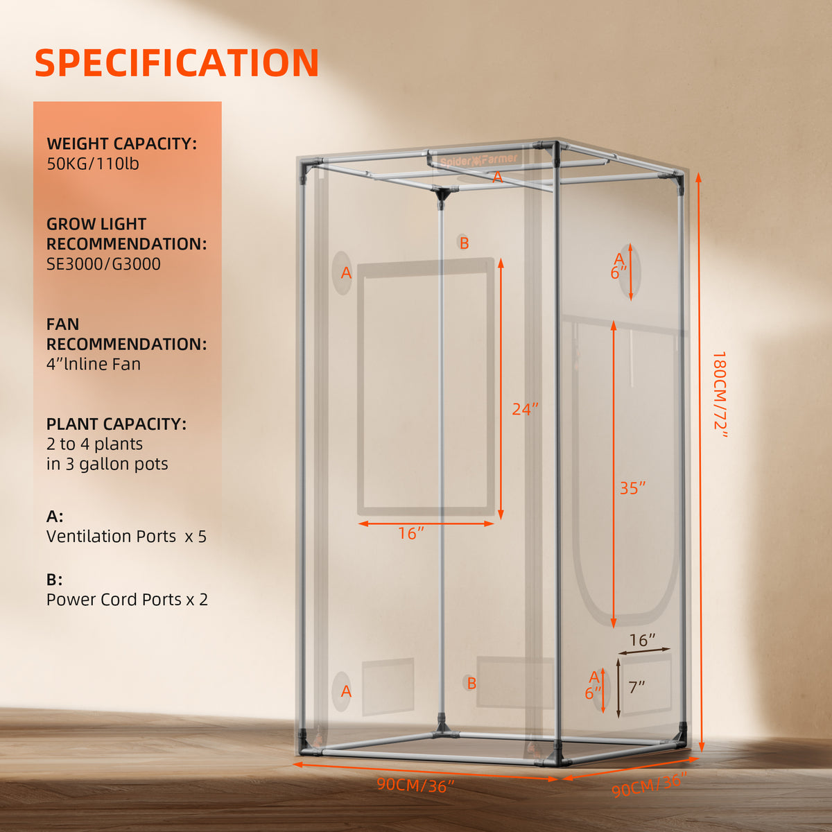 Die Spider Farmer Pro Growbox (90 × 90 × 180 cm) besteht aus strapazierfähigem 2000D-Oxford-Gewebe und verfügt über transparente Seitenwände mit Maßangaben, mehrere Belüftungsöffnungen sowie Angaben zur Tragfähigkeit, zur Kompatibilität mit LED-Zuchtlampen und zu den empfohlenen Ventilatorgrößen. Orangefarbene Schrift hebt die Angaben zur Pflanzenkapazität, zu den Belüftungsmöglichkeiten und zu den verfügbaren Anschlüssen für Netzkabel hervor.