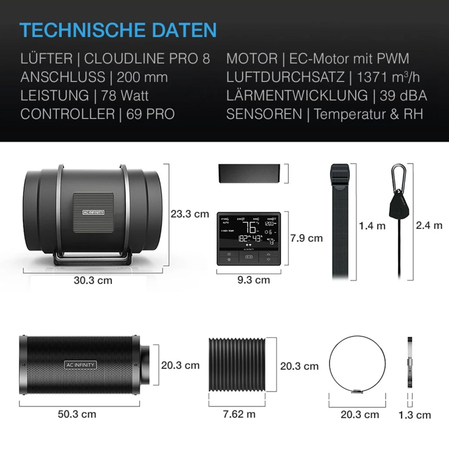 Smartes All-in-One Komplettset (150x150x200 cm) 730 Watt IONFRAME EVO8 Samsung LED mit Luftbefeuchter, Heizgerät und CONTROLLER AI+