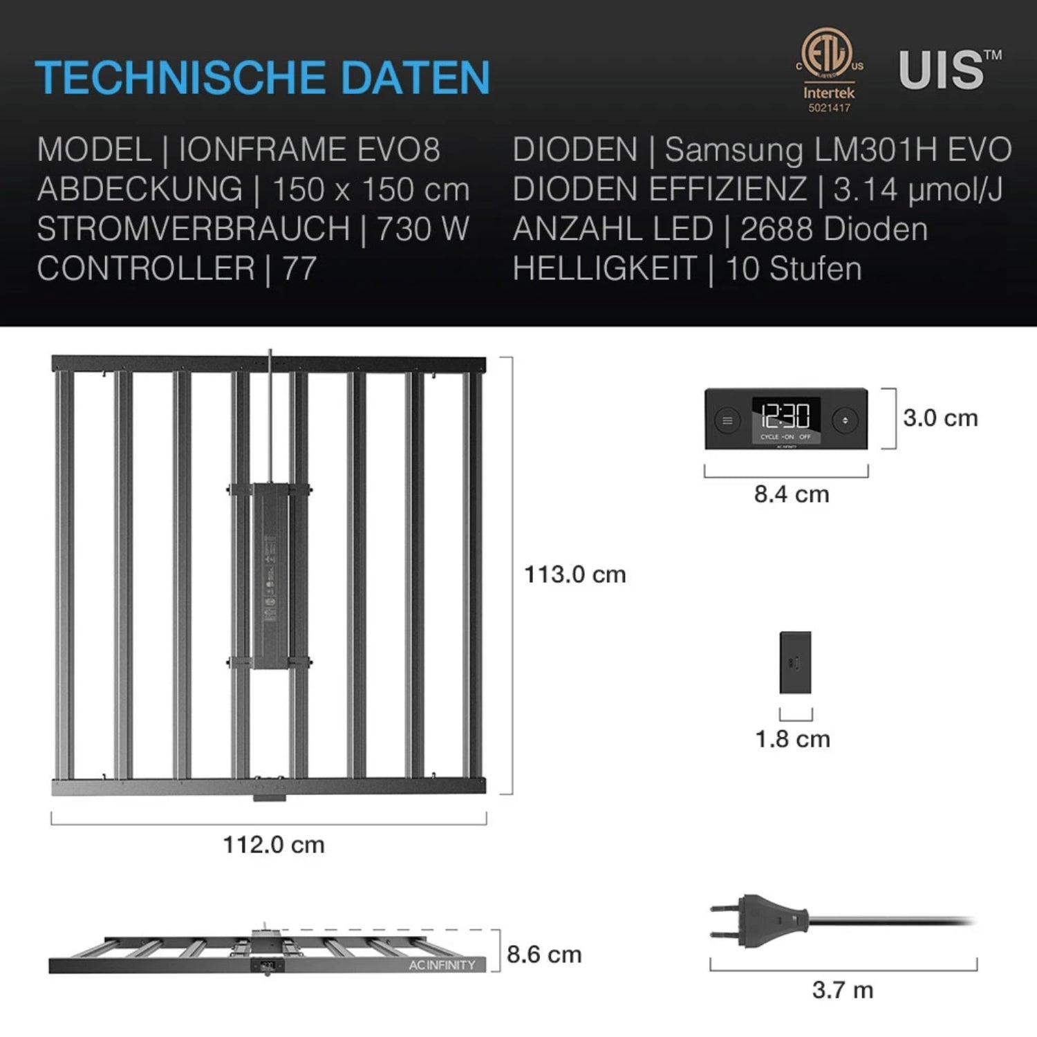 Smartes All-in-One Komplettset (150x150x200 cm) 730 Watt IONFRAME EVO8 Samsung LED mit Luftbefeuchter, Heizgerät und CONTROLLER AI+