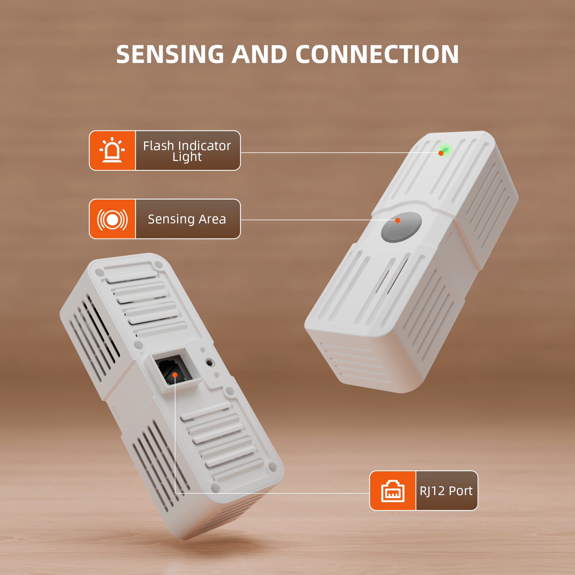 Zwei weiße, rechteckige Sensoren, darunter der Spider Farmer 5-in-1-Sensor für Temperatur, RLF, CO₂, VPD und PPFD, sind auf braunem Hintergrund mit den Bezeichnungen „Blinkanzeige“, „Erfassungsbereich“ und „RJ12-Anschluss“ beschriftet. Der Text lautet „Sensing and Connection“. Perfekt für alle, die ihre Anbaubedingungen präzise überwachen möchten.
