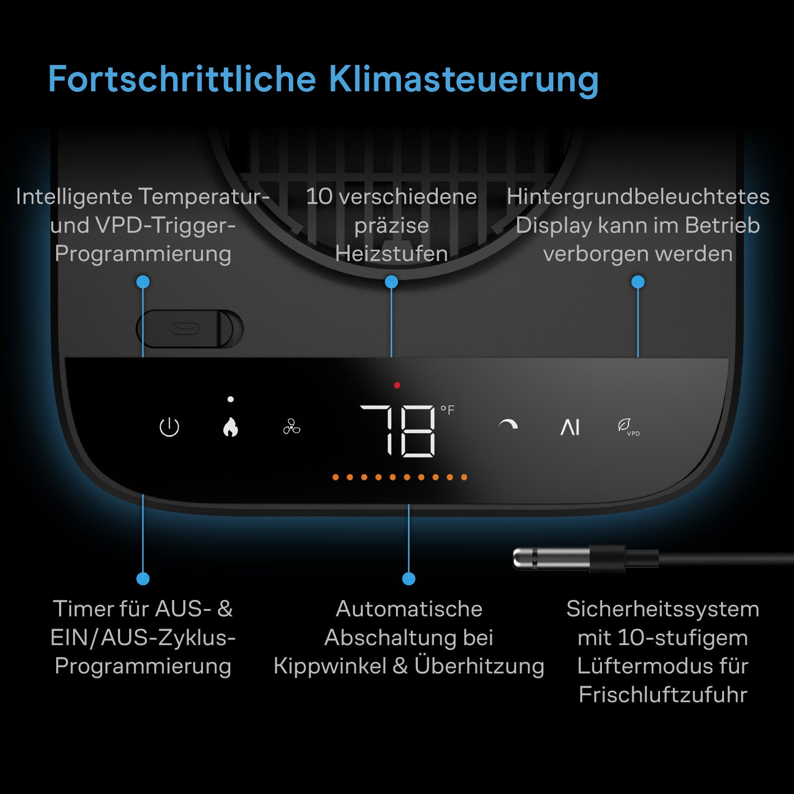 Digitales Bedienfeld für den AC INFINITY THERMOFORGE T7 smarter Heizlüfter mit 10 Stufen, 1000 Watt und KI-gestützter VPD- und Temperaturregelung, mit Temperaturanzeige, intuitiven Symbolen und deutschen Beschriftungen, die das fortschrittliche Klimamanagement erläutern – ideal für Indoor-Anbauräume oder als Heizung für Zuchtzelte. Dieses Bedienfeld lässt sich nahtlos in das Gerät integrieren und bietet benutzerfreundliche Bedienelemente für Timer, 10 Heizstufen sowie umfassende Sicherheitsfunktionen.