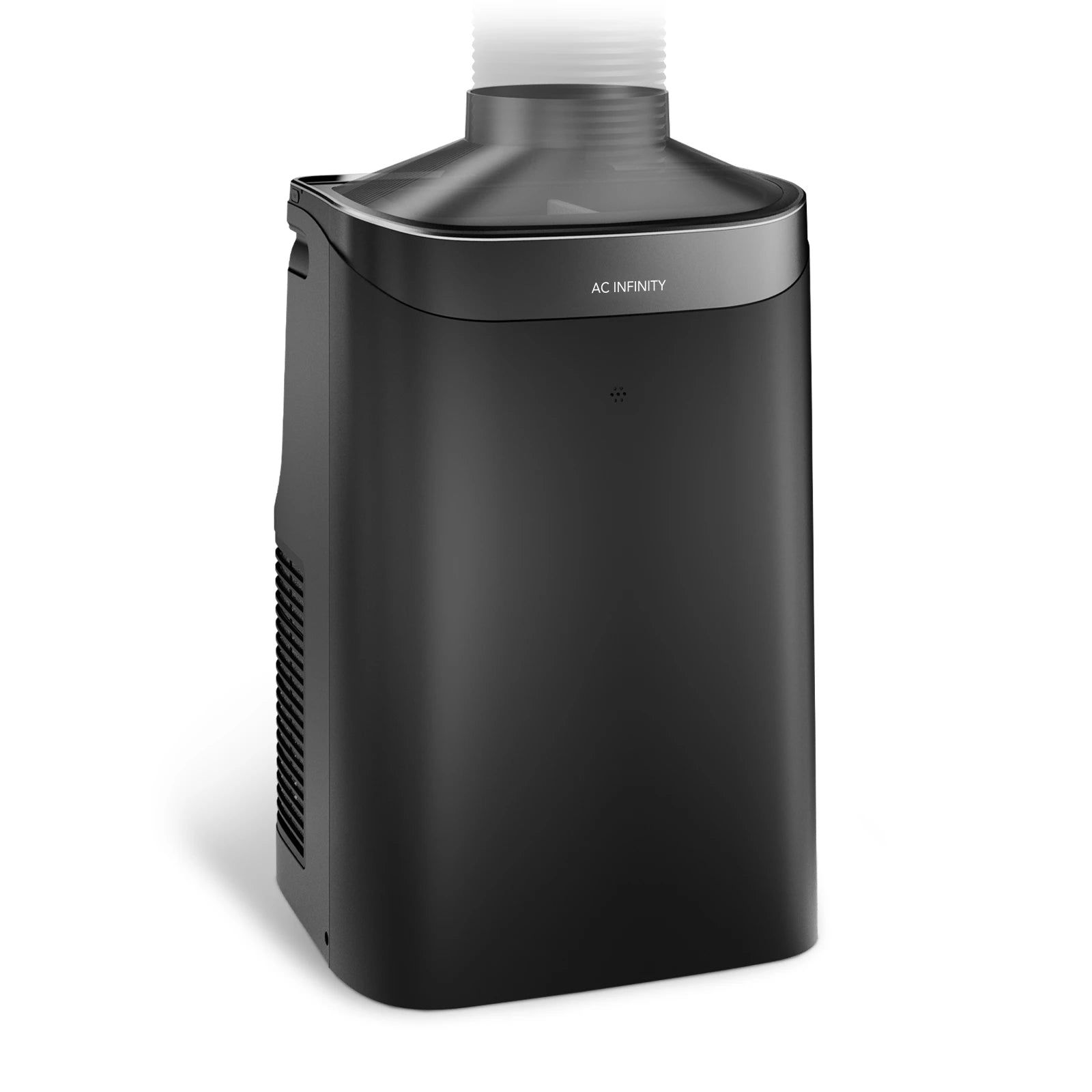 Ein elegantes, schwarzes AC INFINITY TERRAFORM 9 Smart-Klimagerät mit 2.600 Watt und 9.000 BTU, ideal für Indoor-Anbauumgebungen, präsentiert sich mit einem oben angebrachten Abluftschlauch und einem deutlich sichtbaren Markenlogo auf der Vorderseite. Das kompakte Gerät verfügt über seitliche Lüftungsschlitze und ein modernes Design für eine effiziente Klimaregelung dank 5-in-1-Klimasteuerung und integrierter KI-Steuerung.