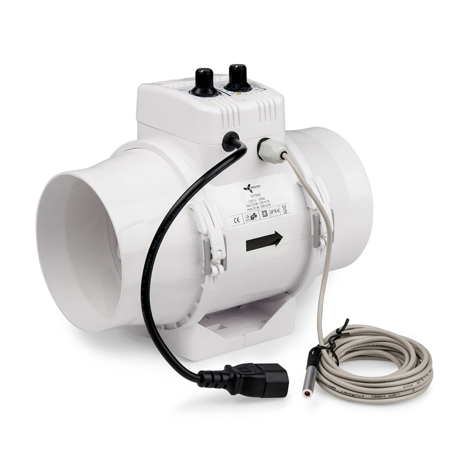 Ventilution Mixed In-Line 220/280 m³/h 125 mm Lüfter mit Regler und Thermostat IEC Connector 2