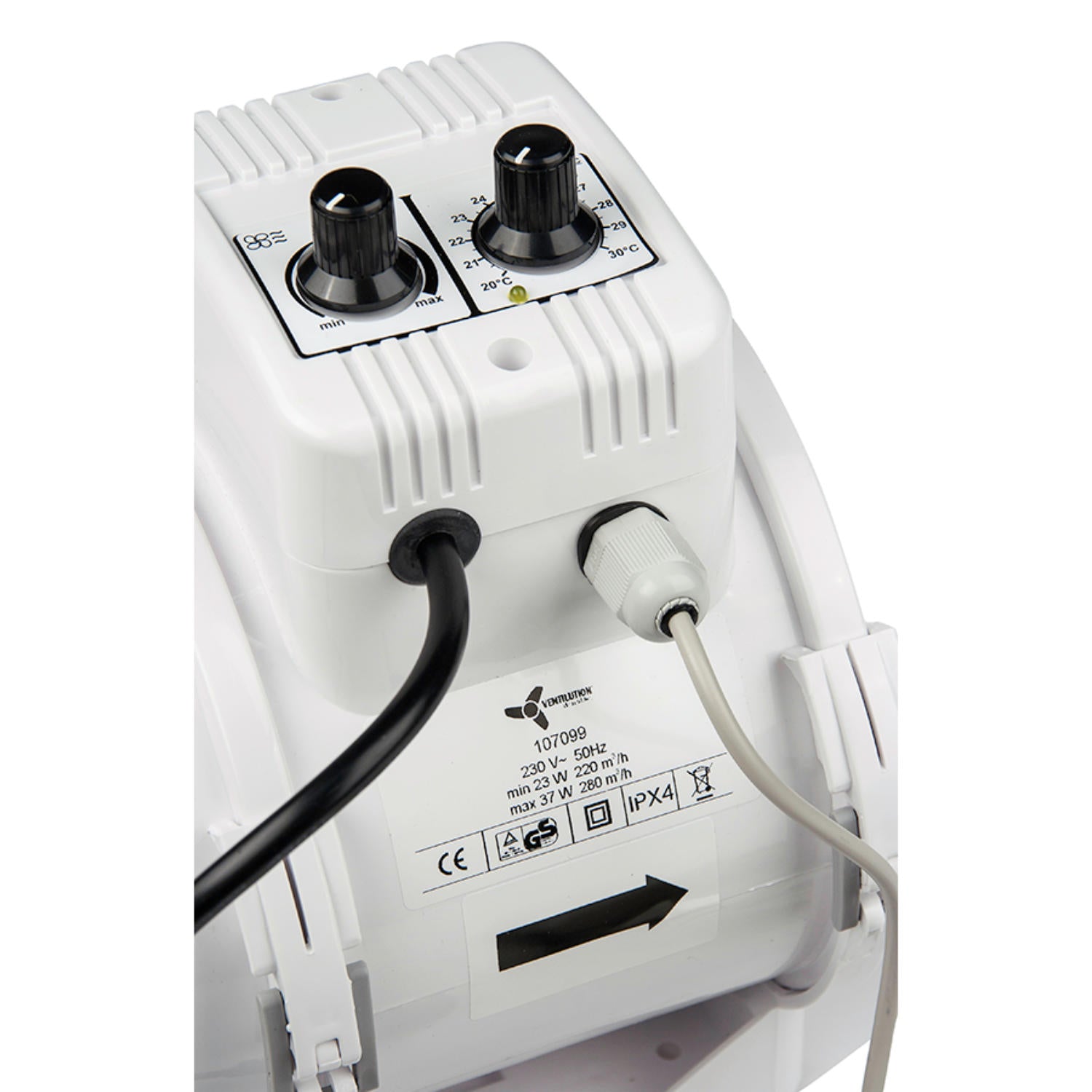 Ventilution Mixed In-Line 220/280 m³/h 125 mm Lüfter mit Regler und Thermostat IEC Connector Regler