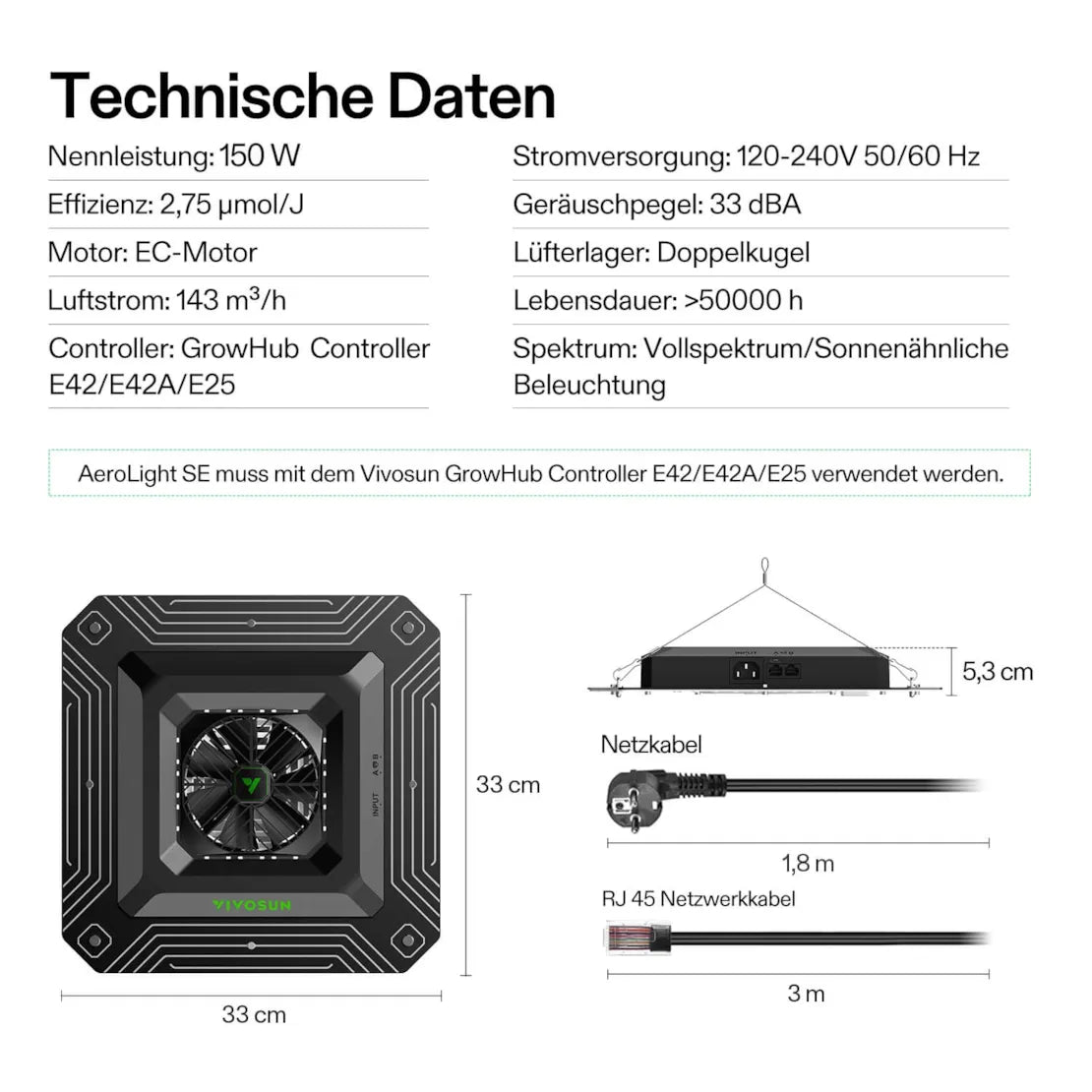 Smartes Komplettset (80×80×160 cm) 150 Watt AeroLight SE LED und AeroZesh S4 Lüfter