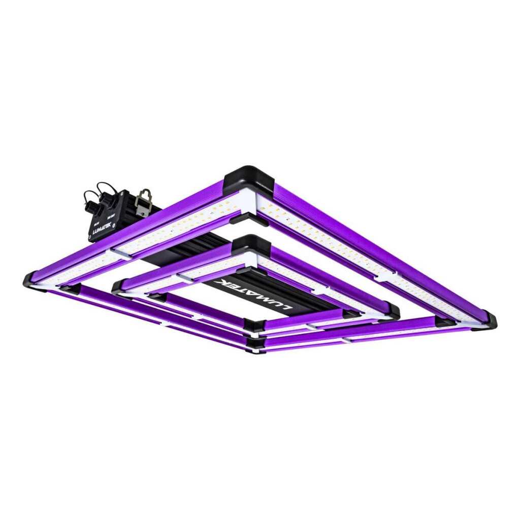 Eine quadratische LED-Pflanzenleuchte mit violettem Rahmen und weißen Lichtleisten, an deren einer Seite ein schwarzes Netzteil und eine Steuerbox angebracht sind.