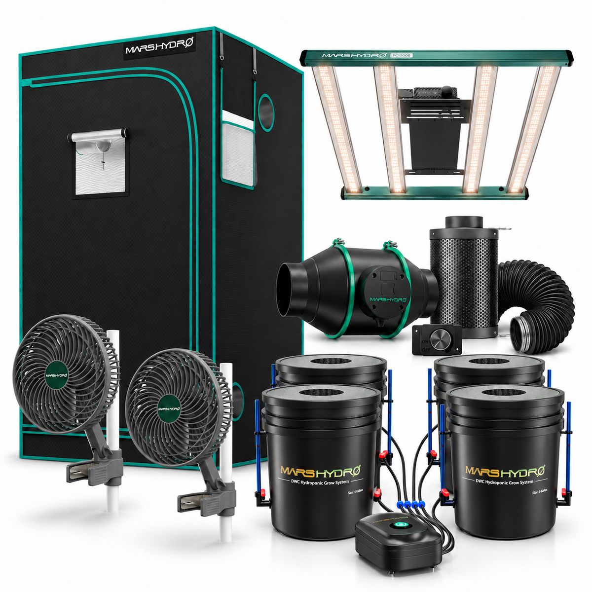 Mars Hydro DWC Growbox-Komplettset 100x100x180 cm mit FC3000, iFresh, Umluft und vier DWC-Töpfen