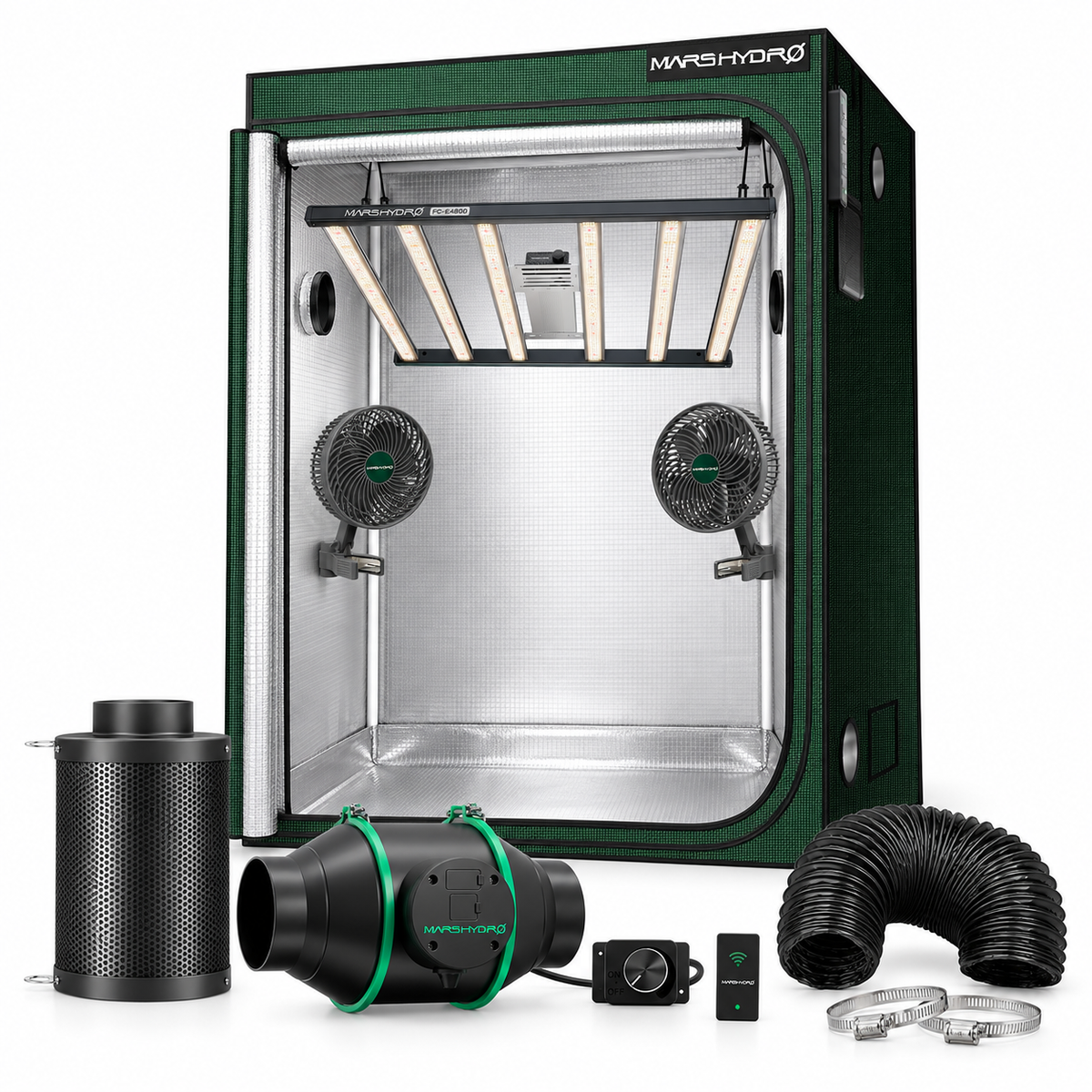 Mars Hydro Pro Komplettset (120x120x200 cm) 480 Watt FC-E4800 LED mit iFresh und iConnect für smarte Steuerung – vollständige Set-Komponenten