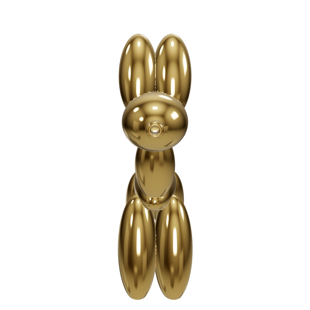 HEMPER Balloon Dog XL Bong – korrigierte stehende Vierbein-Pose mit waagerechtem Rumpf, geschlossenem Ohrpaar, Nasenmundstück und goldenem Schwanzkopf; Reflexionen angenähert