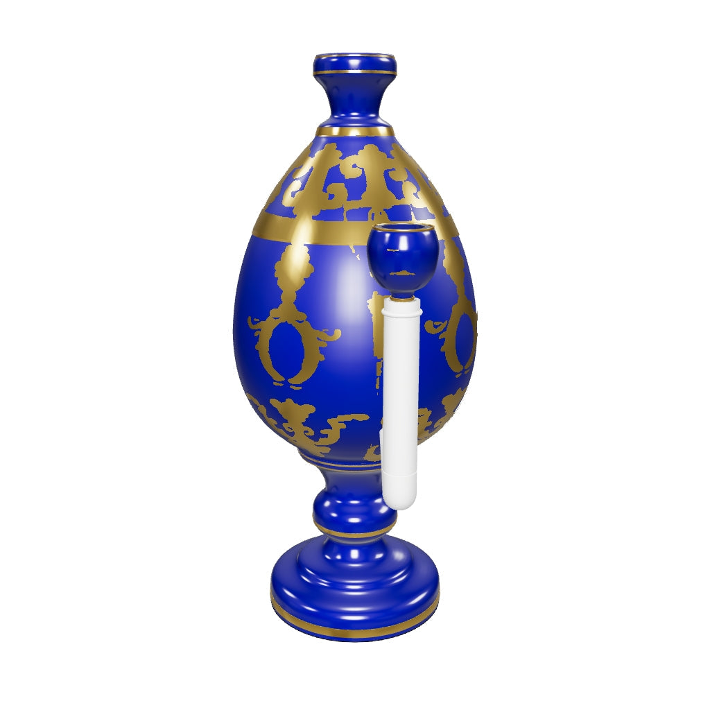 HEMPER Jeweled Egg XL Bong – originale XL-Eikontur mit gedrechseltem Fuß, vollständigem Golddekor, Goldringen und kleinem blauem Schmuckei-Kopf; Goldreflexe angenähert