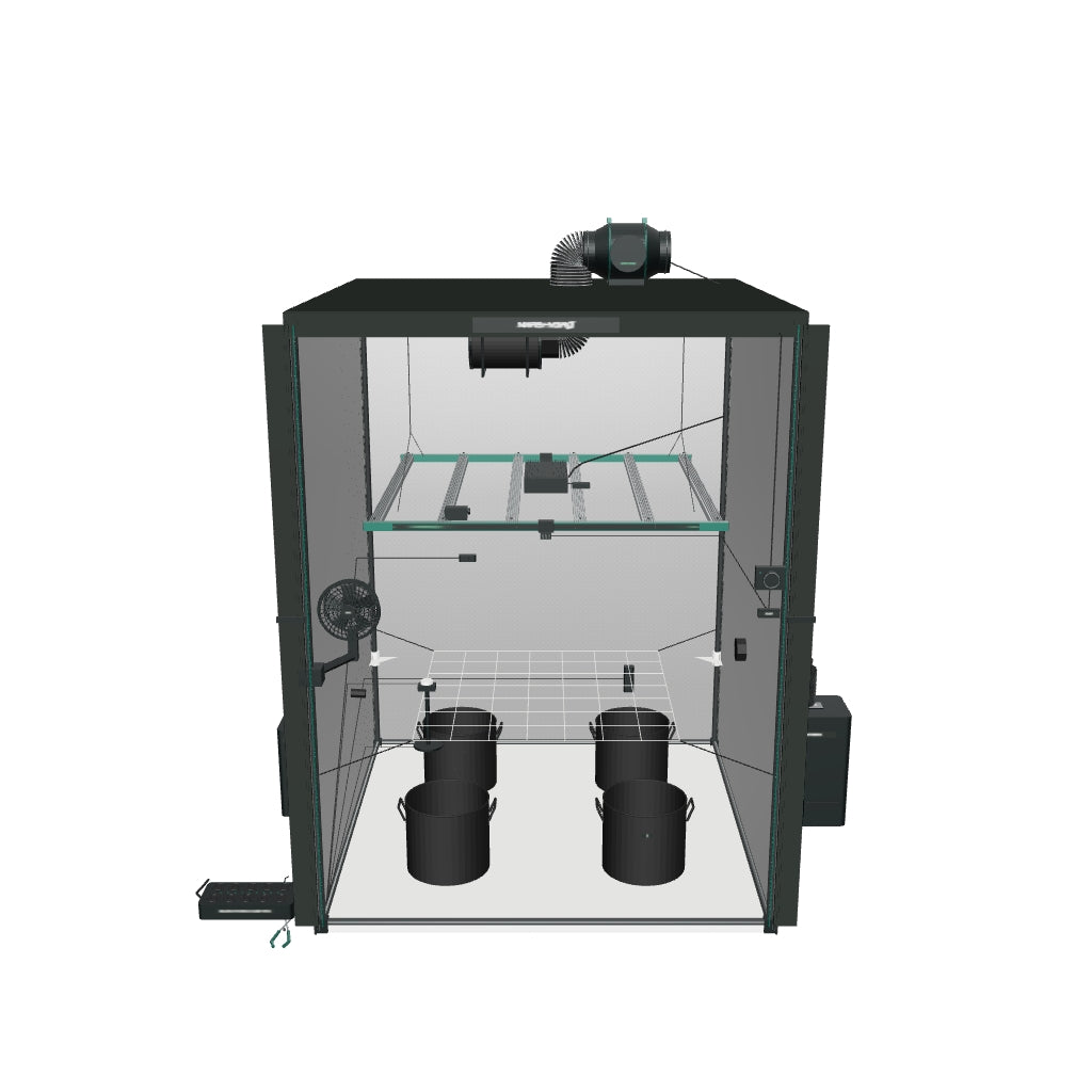 Mars Hydro Klima Komplettset (150x150x200 cm) 800 Watt FC8000 EVO LED mit iFresh und iConnect für smarte Steuerung mit Be- und Entfeuchter und Sensorik – fotobasierte 3D-Ansicht