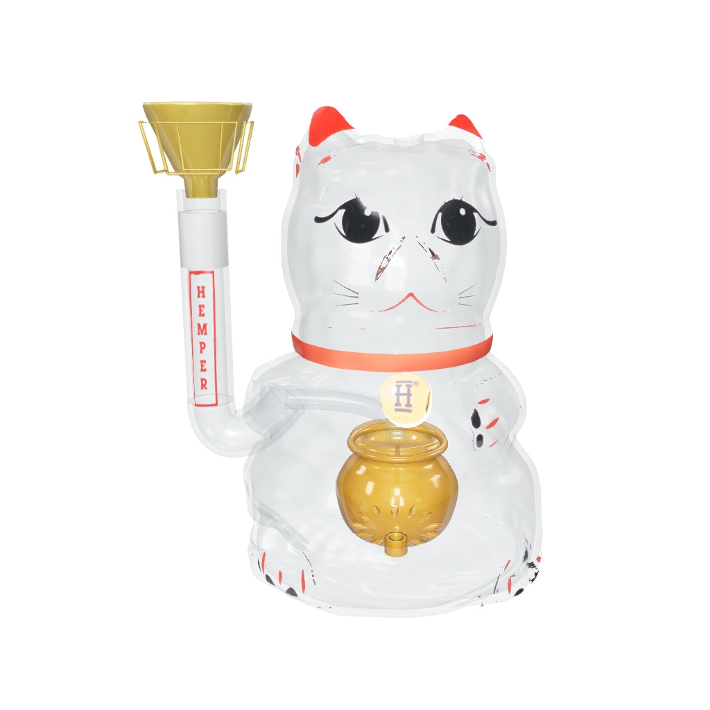 HEMPER Lucky Cat XL Bong – überarbeitete Katzenkontur mit Originalgesicht, Gold-Brick-Kopf und großem Geldbeutel-Perkolator; Glaswirkung angenähert