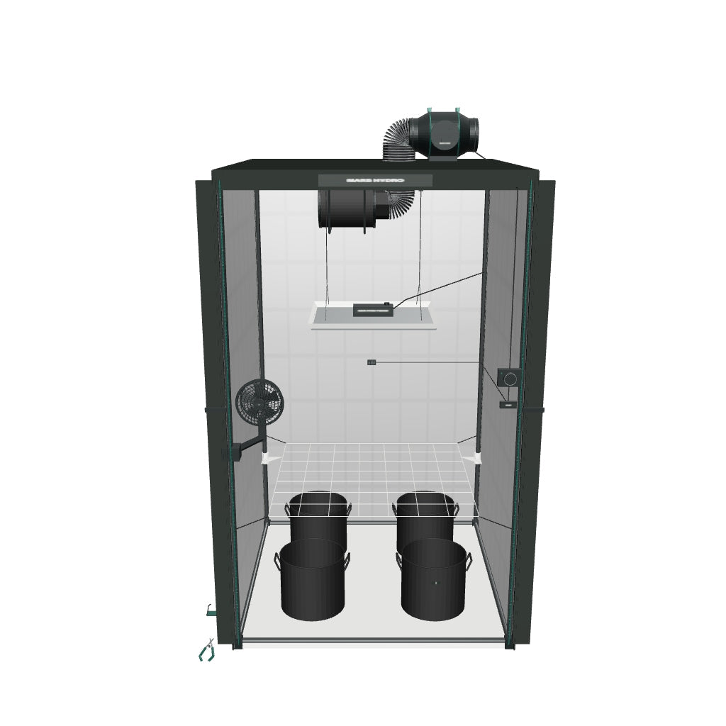 Mars Hydro Komplettset (120x120x200 cm) 300 Watt TSW 2000 LED mit iConnect für smarte Steuerung – interaktives 3D-Modell mit passender Smart-Steuerung und enthaltenen Komponenten
