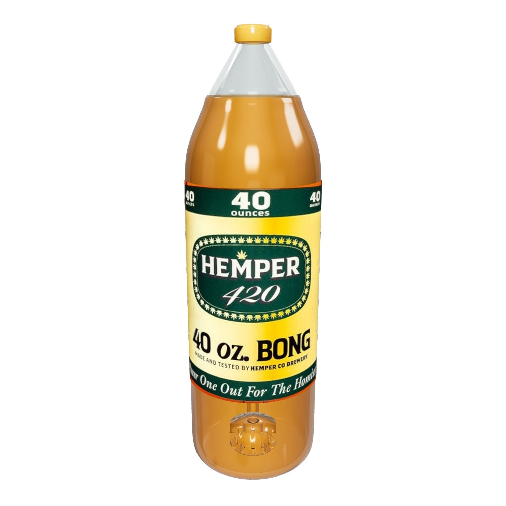 HEMPER Rager 40oz XL Bong – nach GoGrow- und HEMPER-Fotos korrigierte 9,5-Zoll-Flasche mit Originaletikett und rückseitigem topasgelbem Kopf; Glaswirkung angenähert
