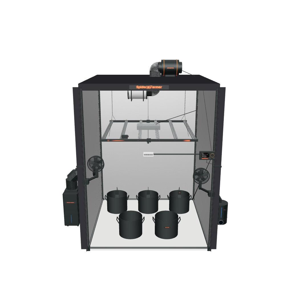 Spider Farmer Klima Komplettset (150x150x200 cm) 730 Watt SE7000 EVO LED mit GGS für smarte Steuerung mit Be- und Entfeuchter und Sensorik – fotobasierte 3D-Ansicht