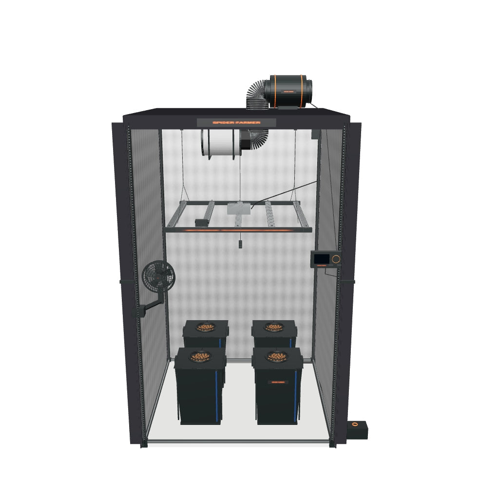 Spider Farmer Hydroponik (DWC) Komplettset (120x120x200 cm) 480 Watt G5000 EVO LED mit GGS für smarte Steuerung und 4 Töpfen – interaktives 3D-Modell mit enthaltenen Komponenten