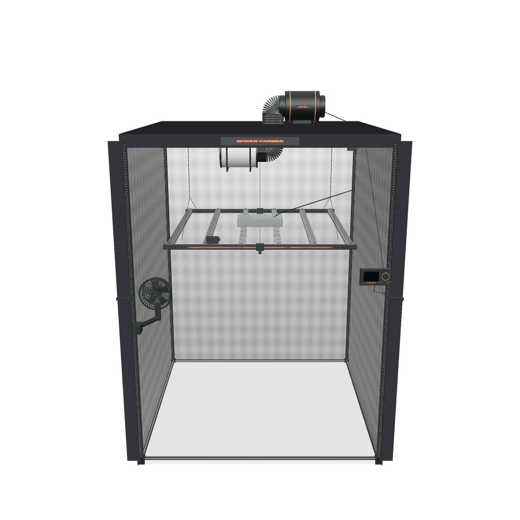 Komplettset (150x150x200 cm) 730 Watt SE7000 EVO LED mit GGS für smarte Steuerung – fotobasierte 3D-Visualisierung; Anordnung und Kleindetails angenähert.
