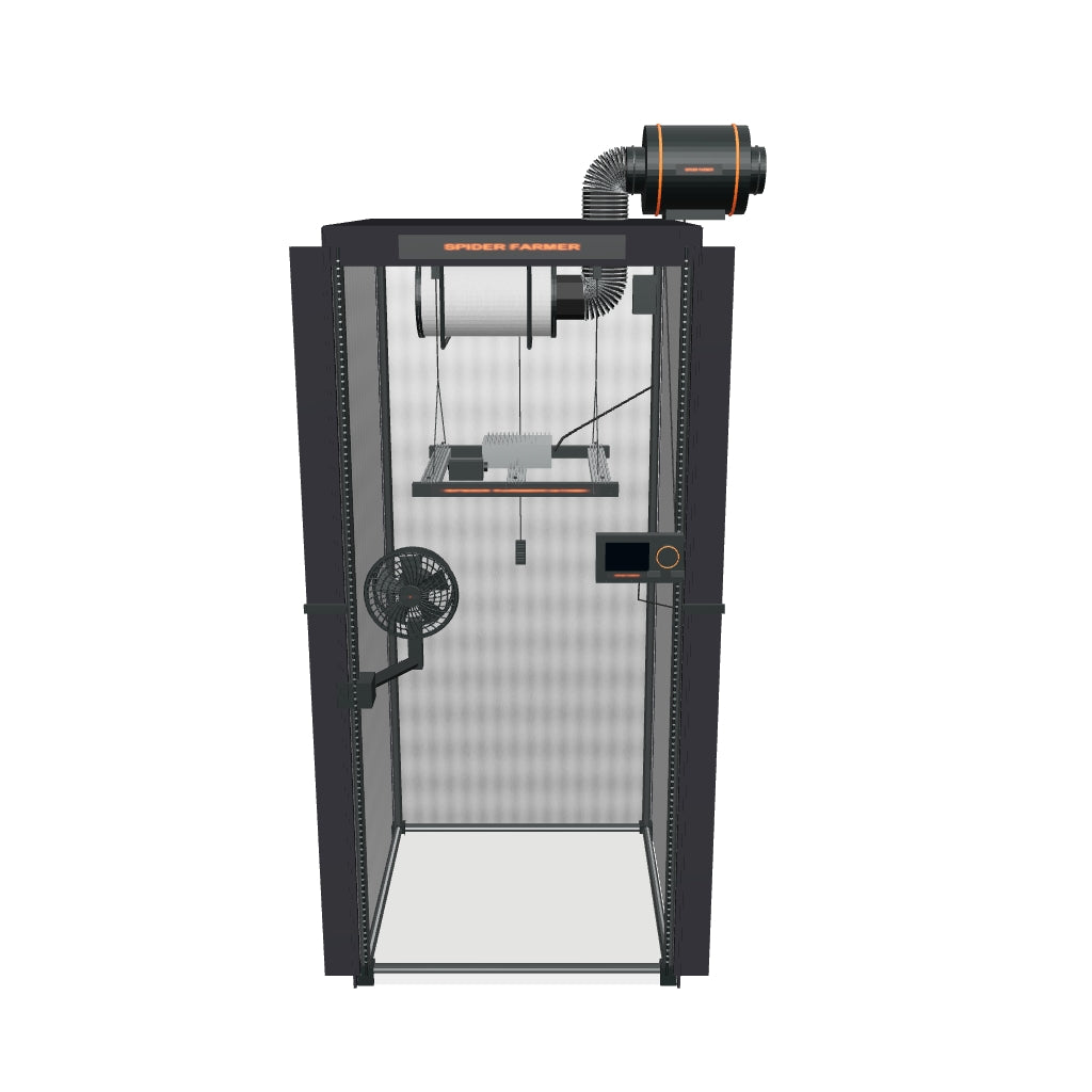 Spider Farmer Komplettset (70x70x160 cm) 150 Watt G1500 EVO LED mit GGS für smarte Steuerung – interaktives 3D-Modell mit enthaltenen Komponenten