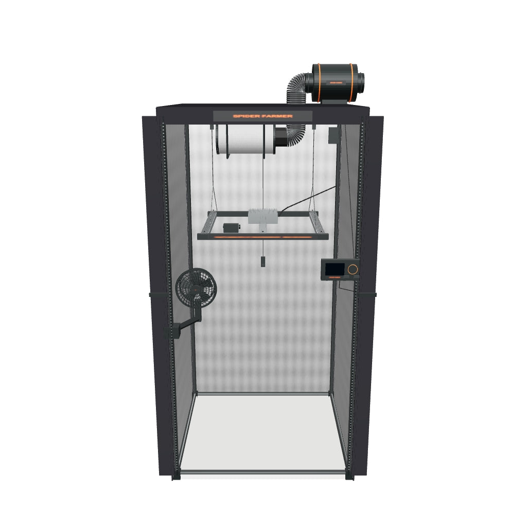 Komplettset (90x90x180 cm) 300 Watt SE3000 EVO LED mit GGS für smarte Steuerung – fotobasierte 3D-Visualisierung; Anordnung und Kleindetails angenähert.