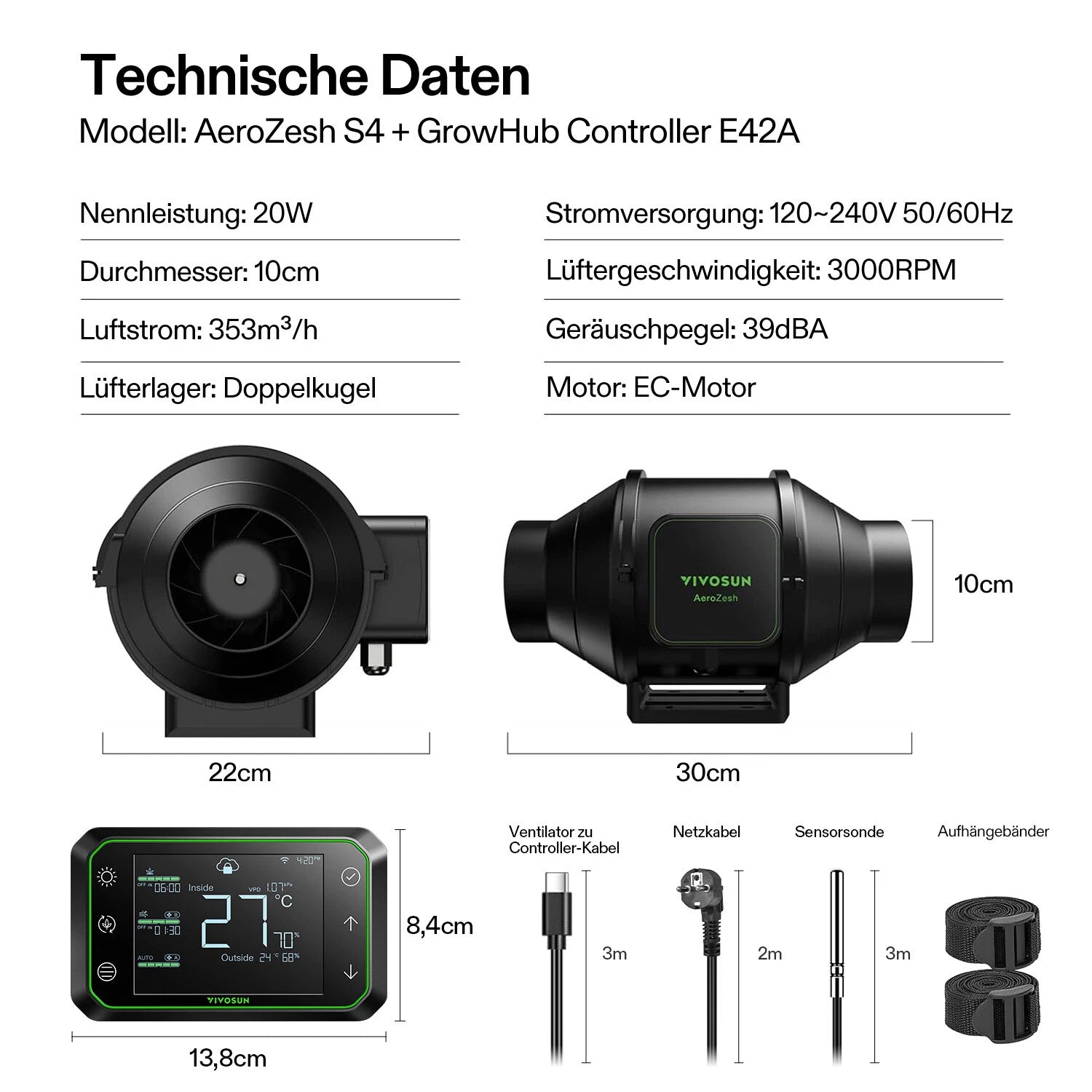 Smartes Komplettset (80×80×160 cm) 150 Watt AeroLight SE LED und AeroZesh S4 Lüfter