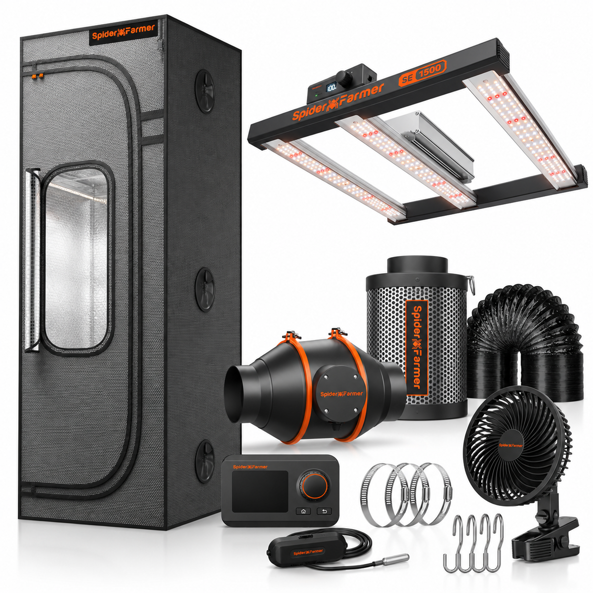 Spider Farmer Master Komplettset 60x60x180 cm mit SE1500 LED, GGS Abluft und Clipventilator
