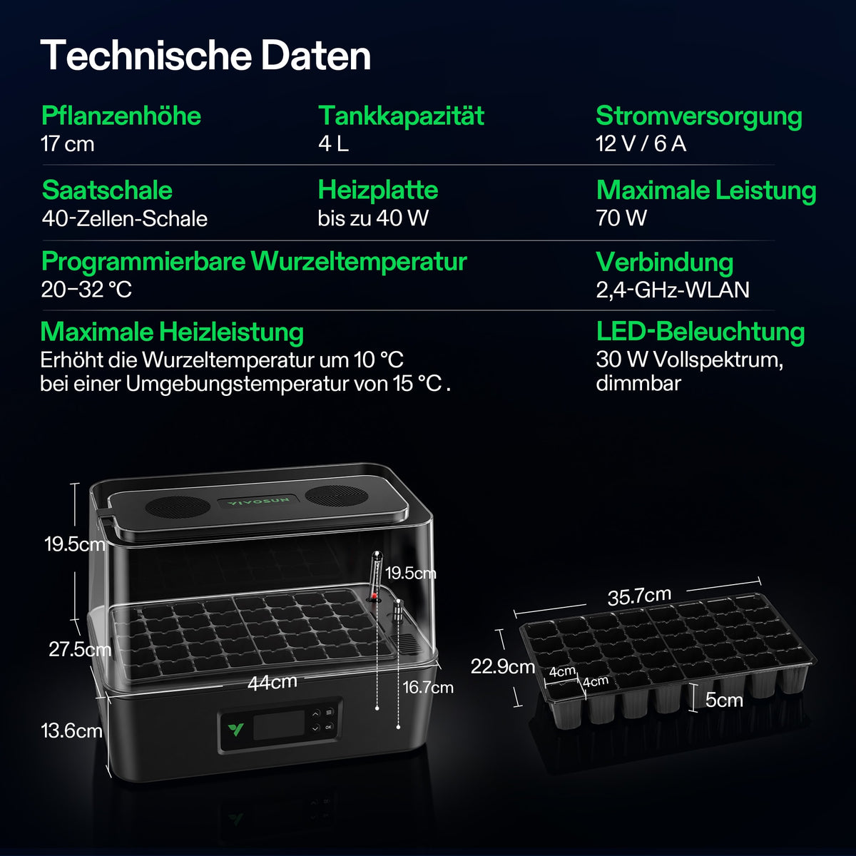 VIVOSUN VSeed S40 – Technische Daten und Abmessungen
