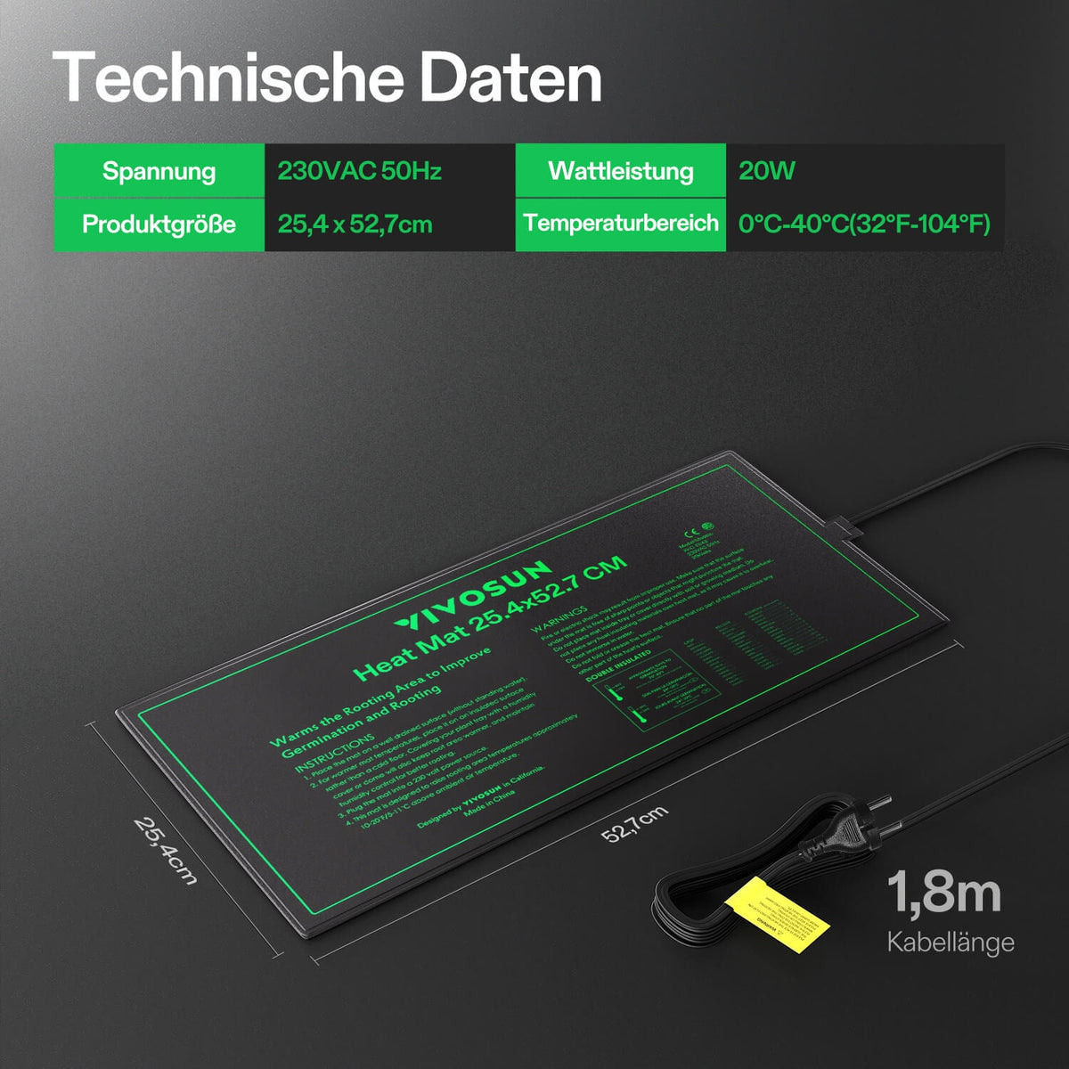 VIVOSUN Heizmatte 25x53 cm 20 Watt – Abmessungen und technische Daten