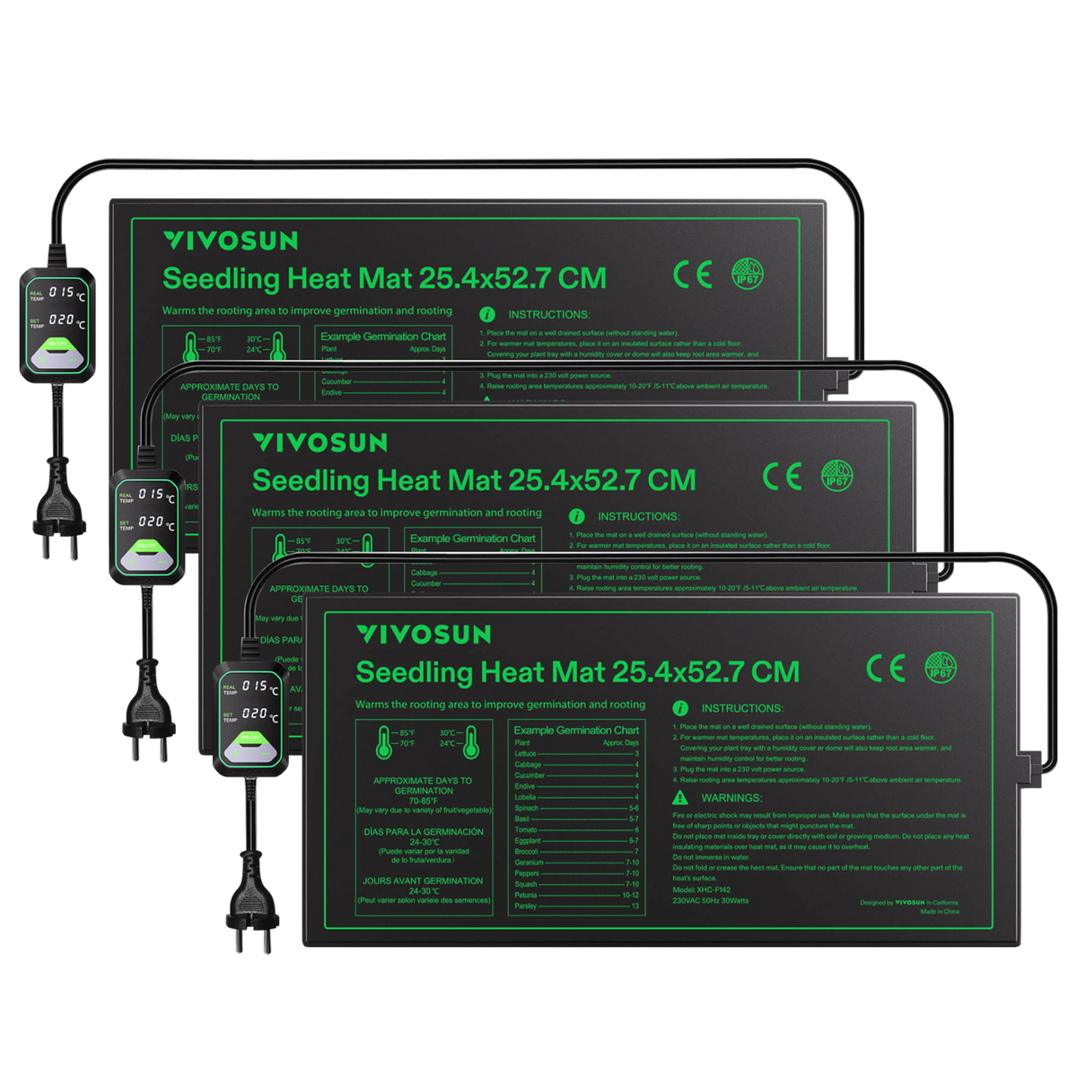VIVOSUN Heizmatte 25x53 cm mit digitalem Thermostat 20 Watt – Drei Heizmatten mit Thermostat im 3er-Pack
