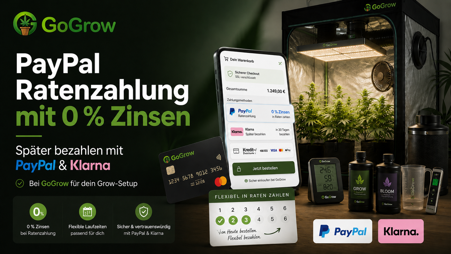 PayPal Ratenzahlung mit 0 % Zinsen und später bezahlen mit Klarna bei GoGrow