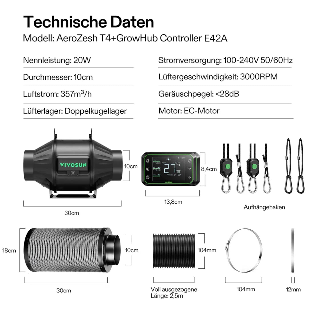 Smartes Komplettset Pro (80×80×160 cm) 100 Watt AeroLight LED und AeroZesh T4 Lüfter