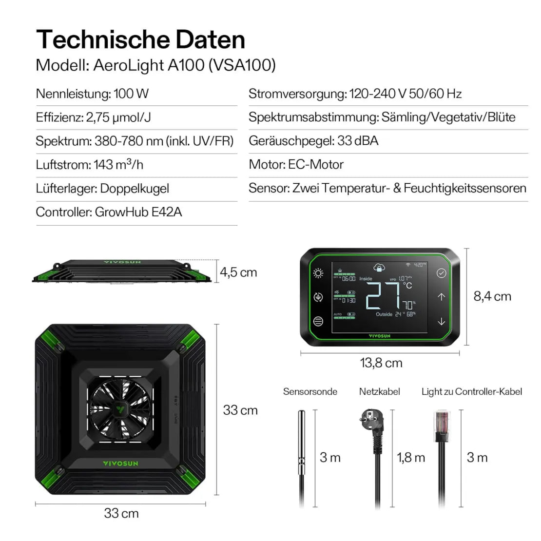 Smartes Komplettset (90×50×160 cm) 100 Watt AeroLight LED und AeroZesh T4 Lüfter