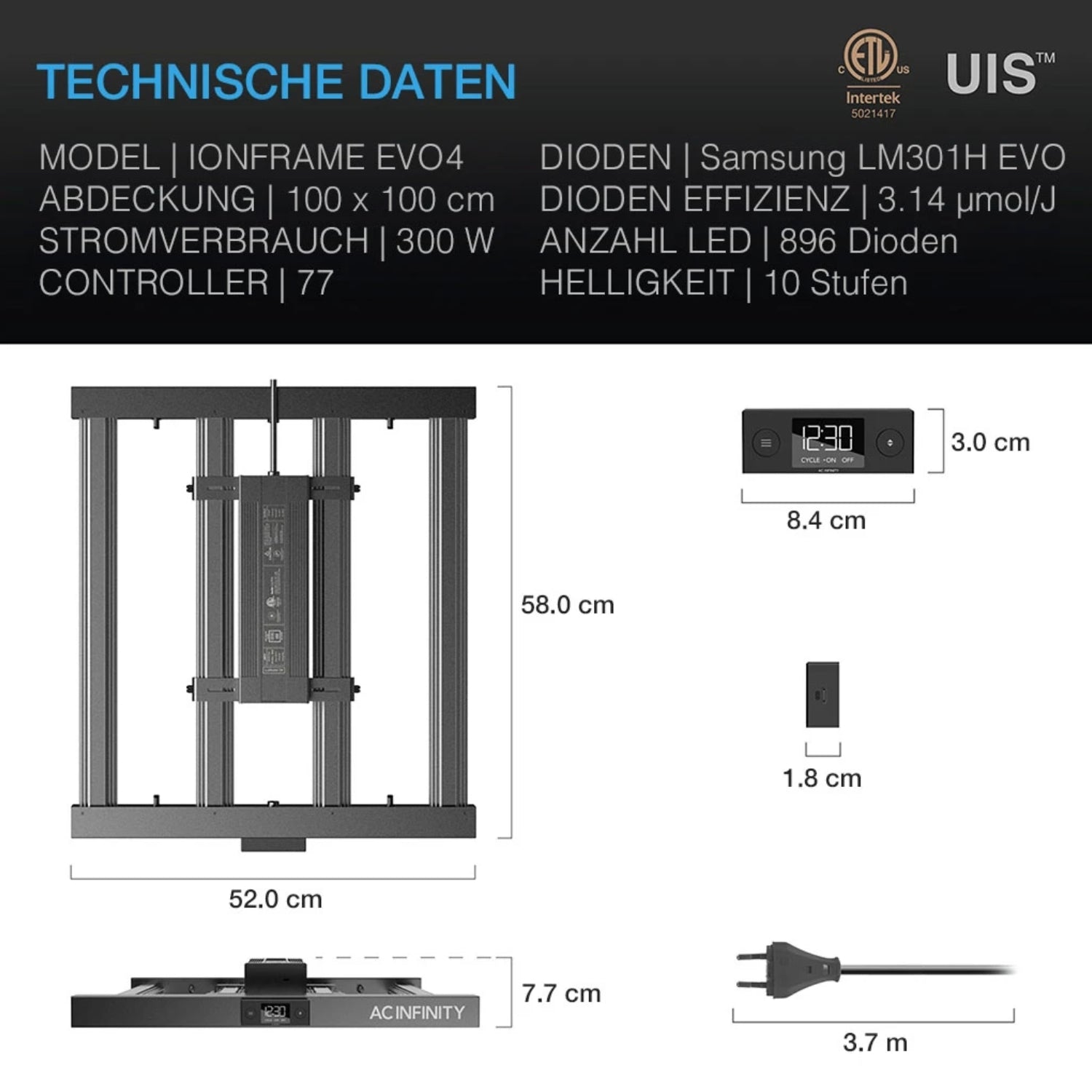 Smartes All-in-One Komplettset (90x90x180 cm) 300 Watt IONFRAME EVO4 Samsung LED mit Luftbefeuchter, Heizgerät und CONTROLLER AI+