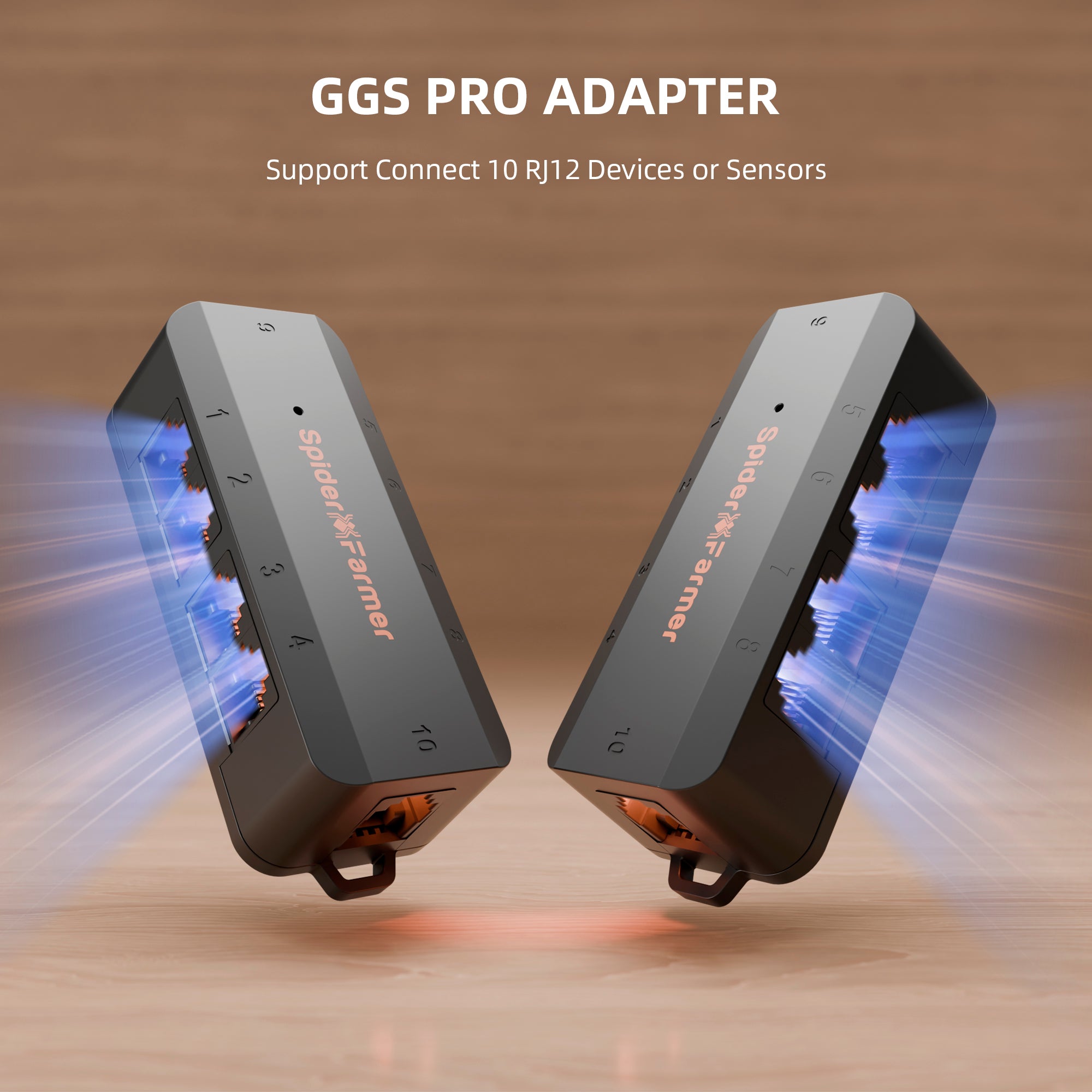 Zwei Spider Farmer GGS Sensor Pro-Adapter mit mehreren RJ12-Anschlüssen sind auf einer Holzfläche abgebildet, darüber steht der Text „Unterstützt das Anschließen von 10 RJ12-Geräten oder Sensoren“ – ideal für alle, die ihre Anbaukumgebung mit dem 5-in-1-Sensor von Spider Farmer für Temperatur, RLF, CO₂, VPD und PPFD von Spider Farmer überwachen und ihre Verbindungen optimieren möchten.