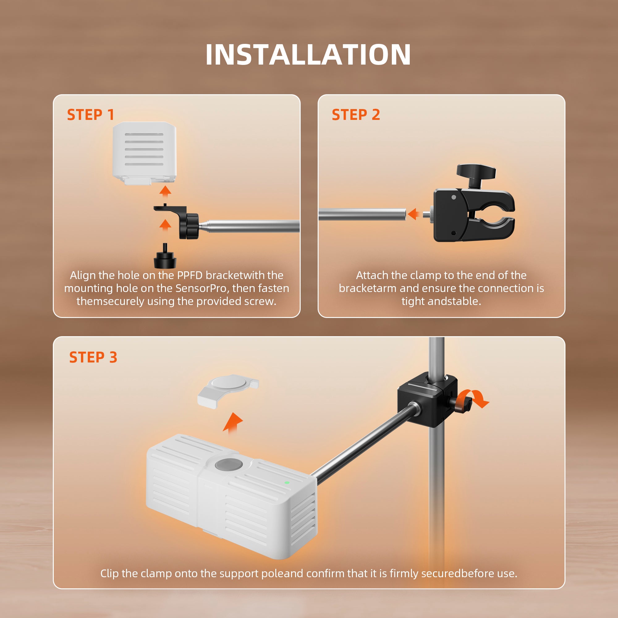 Abbildung mit drei Schritten zur Installation des Spider Farmer 5-in-1-Sensors für Temperatur, RLF, CO₂, VPD und PPFD: Halterung ausrichten und festschrauben, am Pfosten mit einer Klammer befestigen und die Klammer am Hauptpfosten einrasten lassen – darauf achten, dass alle Teile sicher montiert sind. Dieser Sensor von Spider Farmer ermöglicht dank der einfachen Montage und zuverlässigen Leistung eine unkomplizierte Überwachung der Anbaubedingungen.