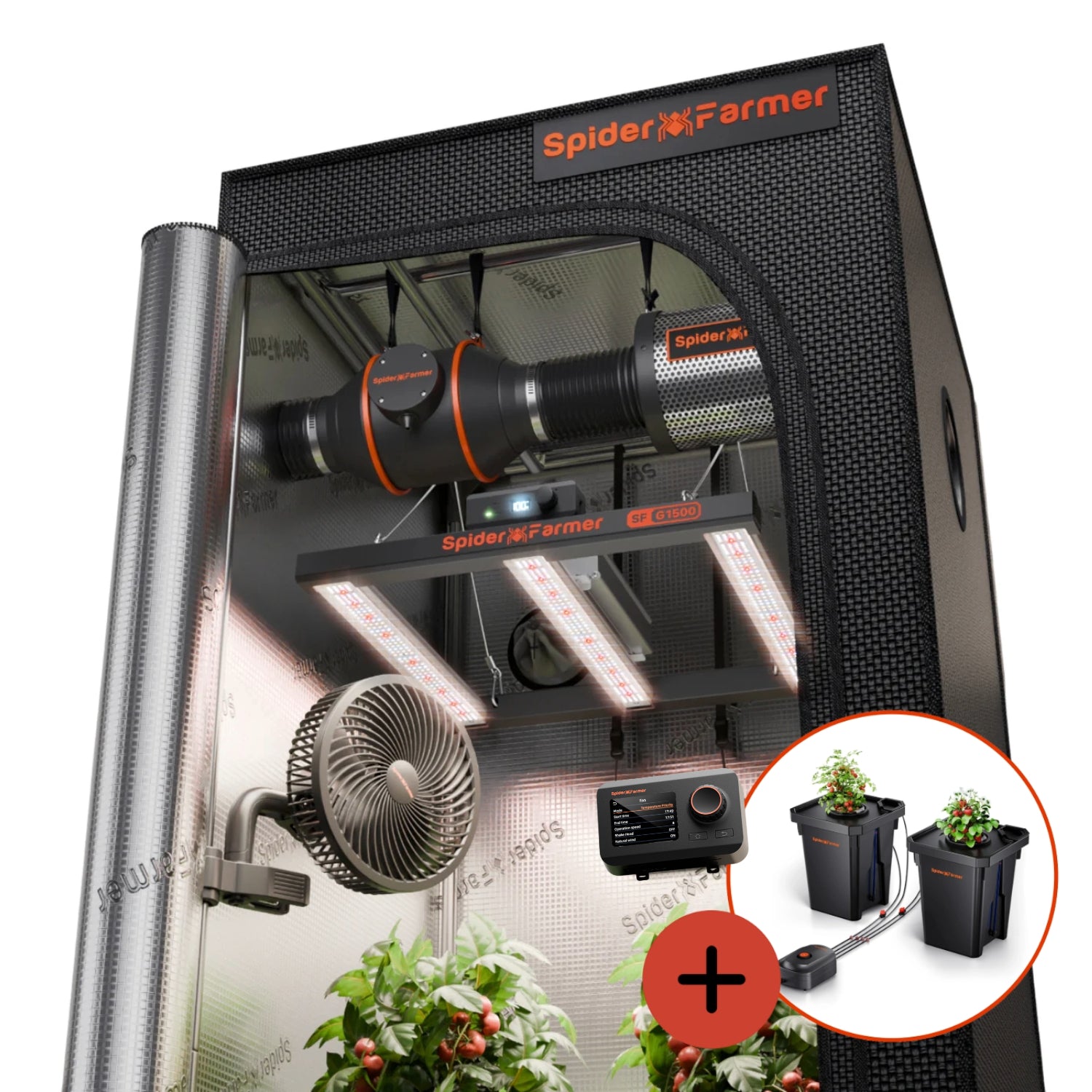 Hydroponik (DWC) Komplettset (70x70x160 cm) 150 Watt G1500 EVO LED mit GGS für smarte Steuerung und 2 Töpfen