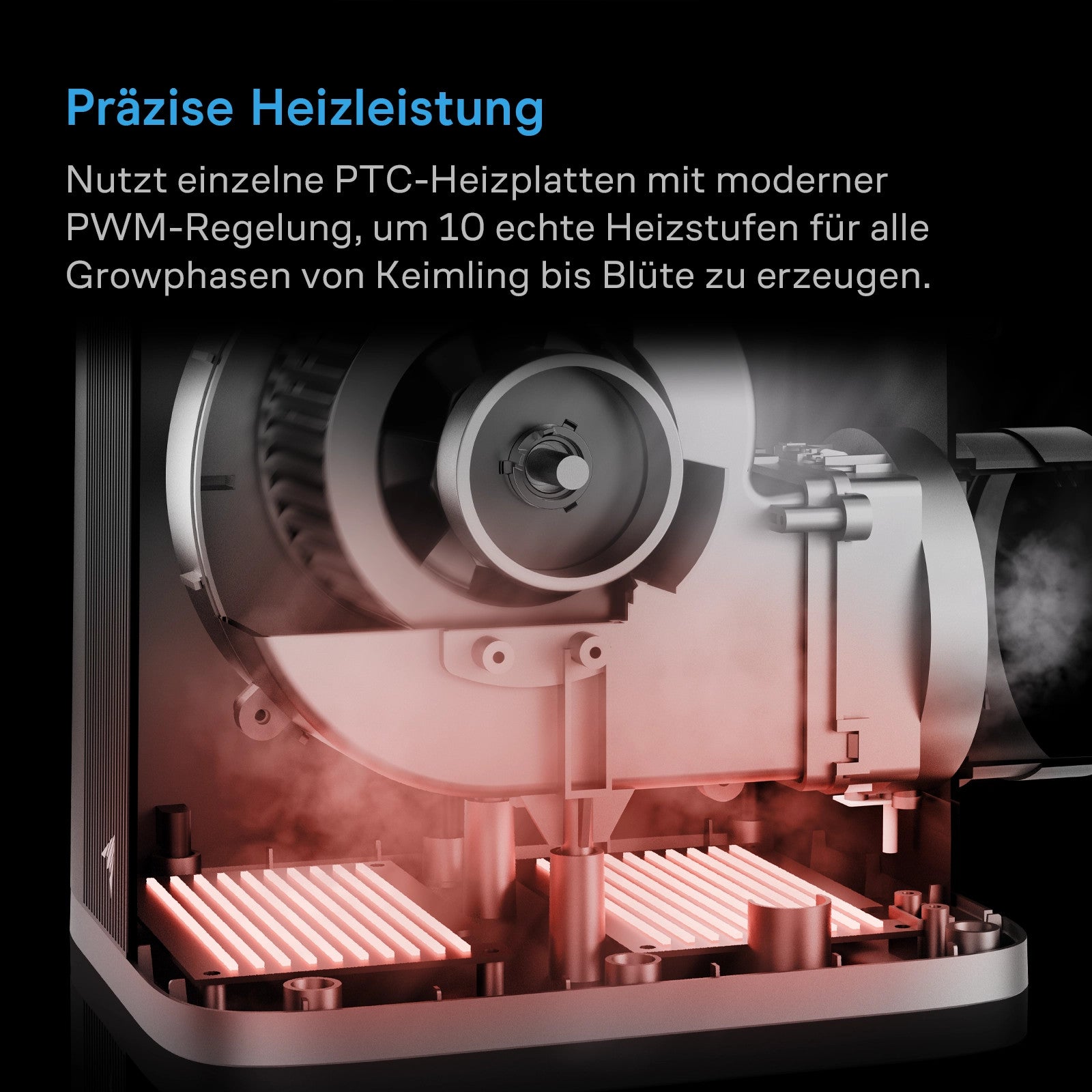 Schnittansicht des AC INFINITY THERMOFORGE T7 smarter Heizlüfters mit 10 Stufen, 1000 Watt und KI-gestützter VPD- und Temperaturregelung, mit leuchtenden Heizplatten im Inneren; ergänzt durch einen deutschen Text zur präzisen Beheizung von Zuchtzelten für verschiedene Pflanzenwachstumsphasen und herausragende Klimastabilität.