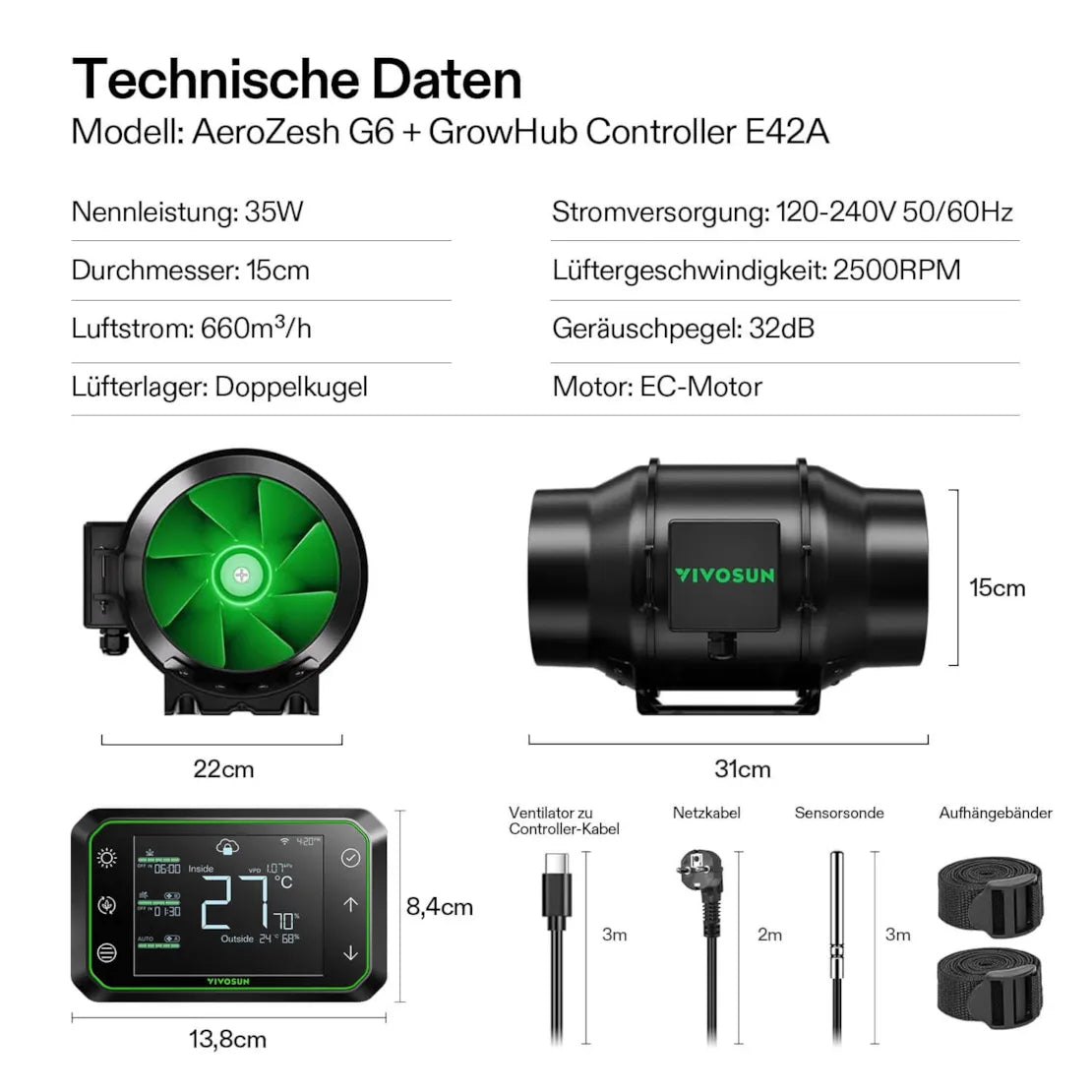 Smartes Komplettset (150×150×200 cm) 600 Watt AeroLight Wing SE LED und AeroZesh G6 Lüfter