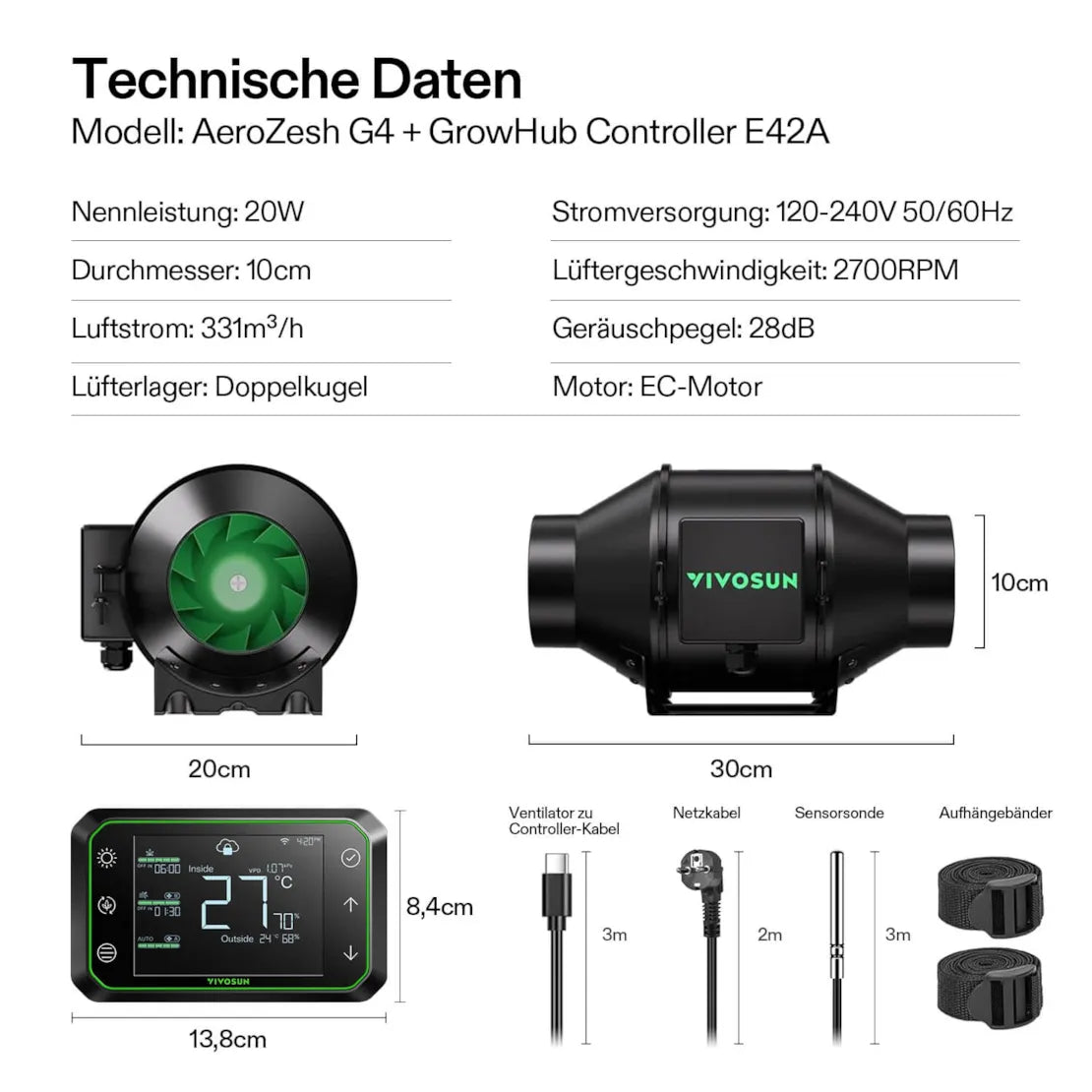 Smartes Komplettset (90×90×180 cm) 200 Watt AeroLight Wing SE LED und AeroZesh G4 Lüfter