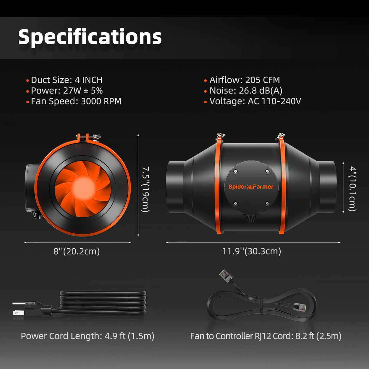 Spider Farmer G4500 Komplettset – Technische Daten des Inline-Lüfters