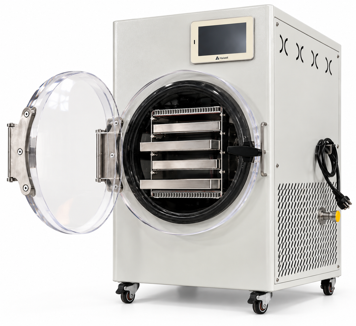 LYO XKFD-04 2.0 Vakuum-Gefriertrockner mit geöffneter Acryltür, vier Edelstahlblechen und Touchscreen