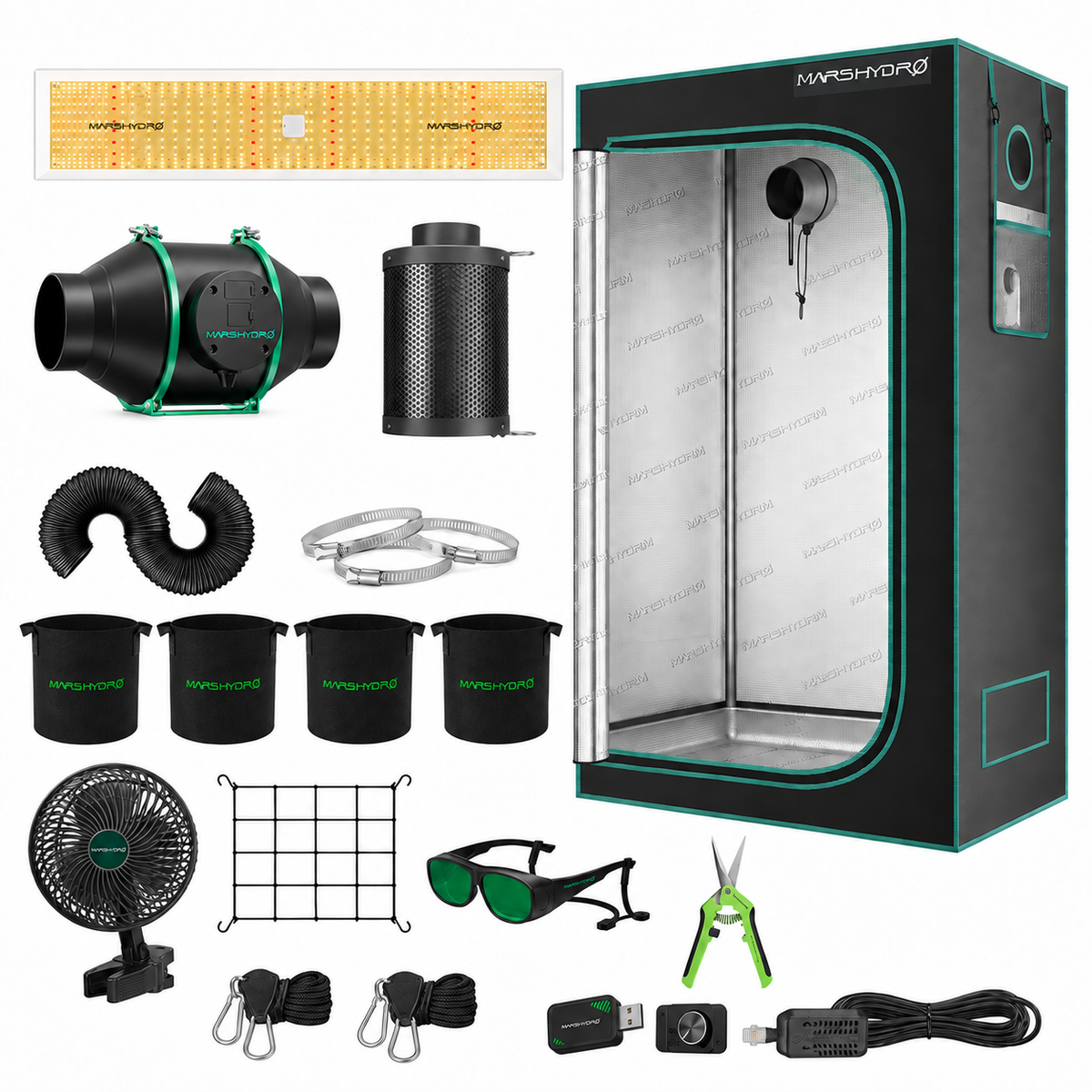 Mars Hydro TSL 2000 Komplettset mit 120x60x180 cm Growbox, iFresh 100 mm, iConnect, Klimasensor und enthaltenem Zubehör