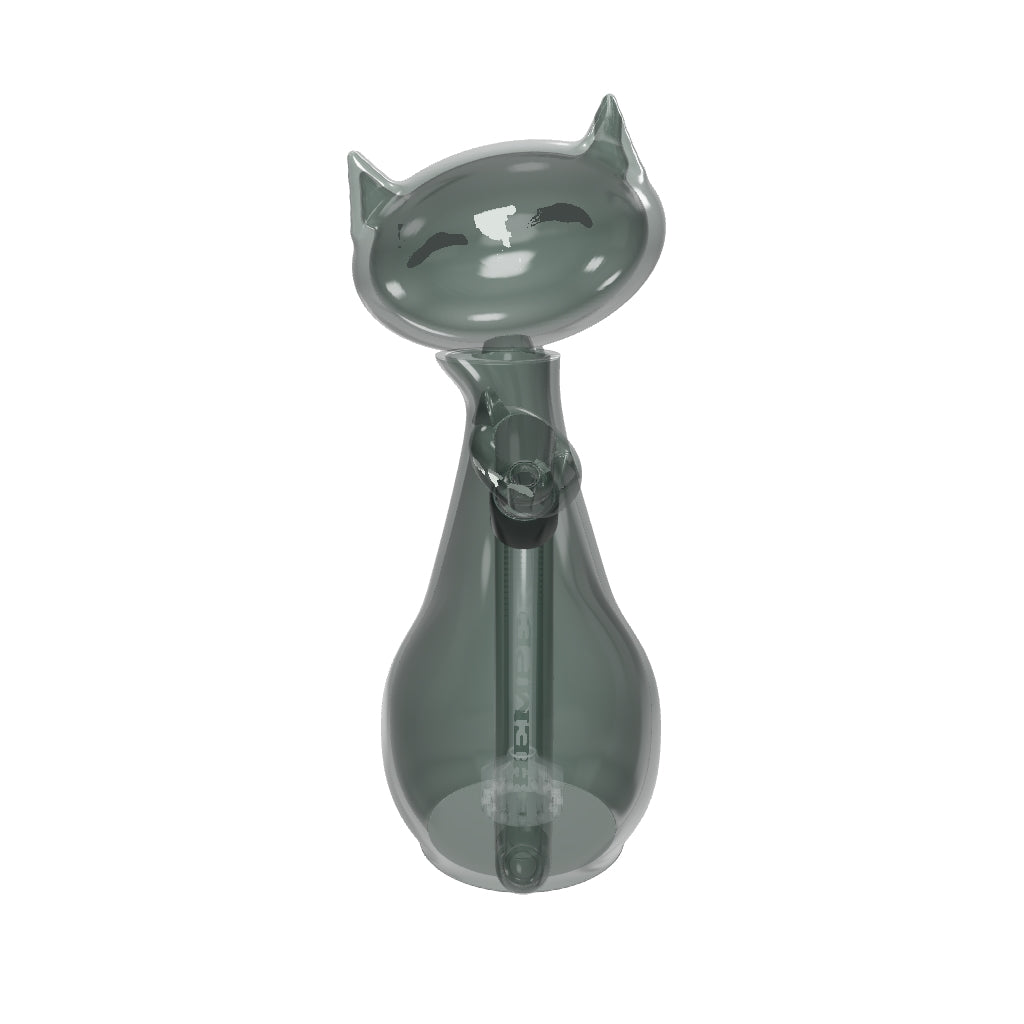 HEMPER Alley Cats XL Bong – an vier Herstelleransichten angepasster Sitzkörper, geneigter ovaler Kopf mit zwei Ohren, Originalaugen vorn und hinten sowie Katzenkopf-Bowl und Showerhead; Rauchglas angenähert