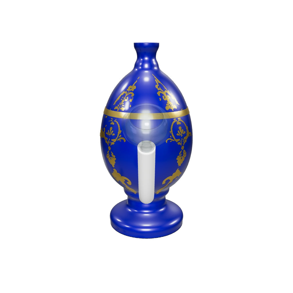 HEMPER Jeweled Egg Bong – anhand von GoGrow- und HEMPER-Fotos korrigierte 5,7-Zoll-Eiform mit Originalornamenten, Goldband und schrägem weißem Anschluss; Glas angenähert