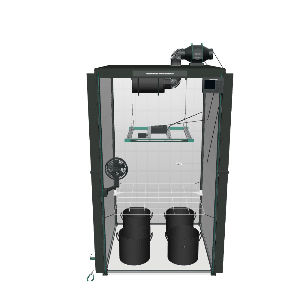 Mars Hydro Komplettset (100x100x180 cm) 300 Watt FC 3000 EVO LED mit iControl für smarte Steuerung – interaktives 3D-Modell mit passender Smart-Steuerung und enthaltenen Komponenten