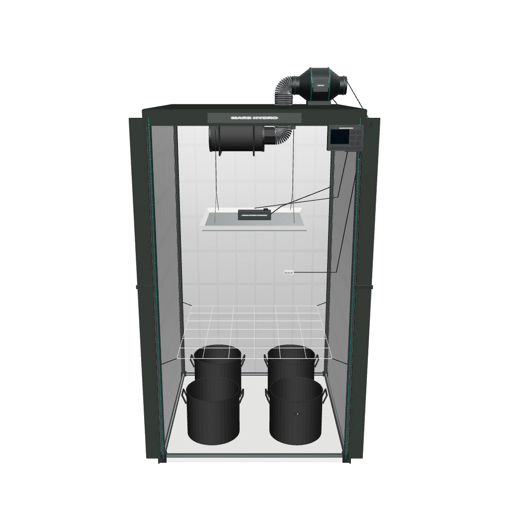 Komplettset (100x100x180 cm) 300 Watt TSW2000 LED mit iControl für smarte Steuerung – fotobasierte 3D-Visualisierung des Lieferumfangs; Anordnung und Kleindetails angenähert.