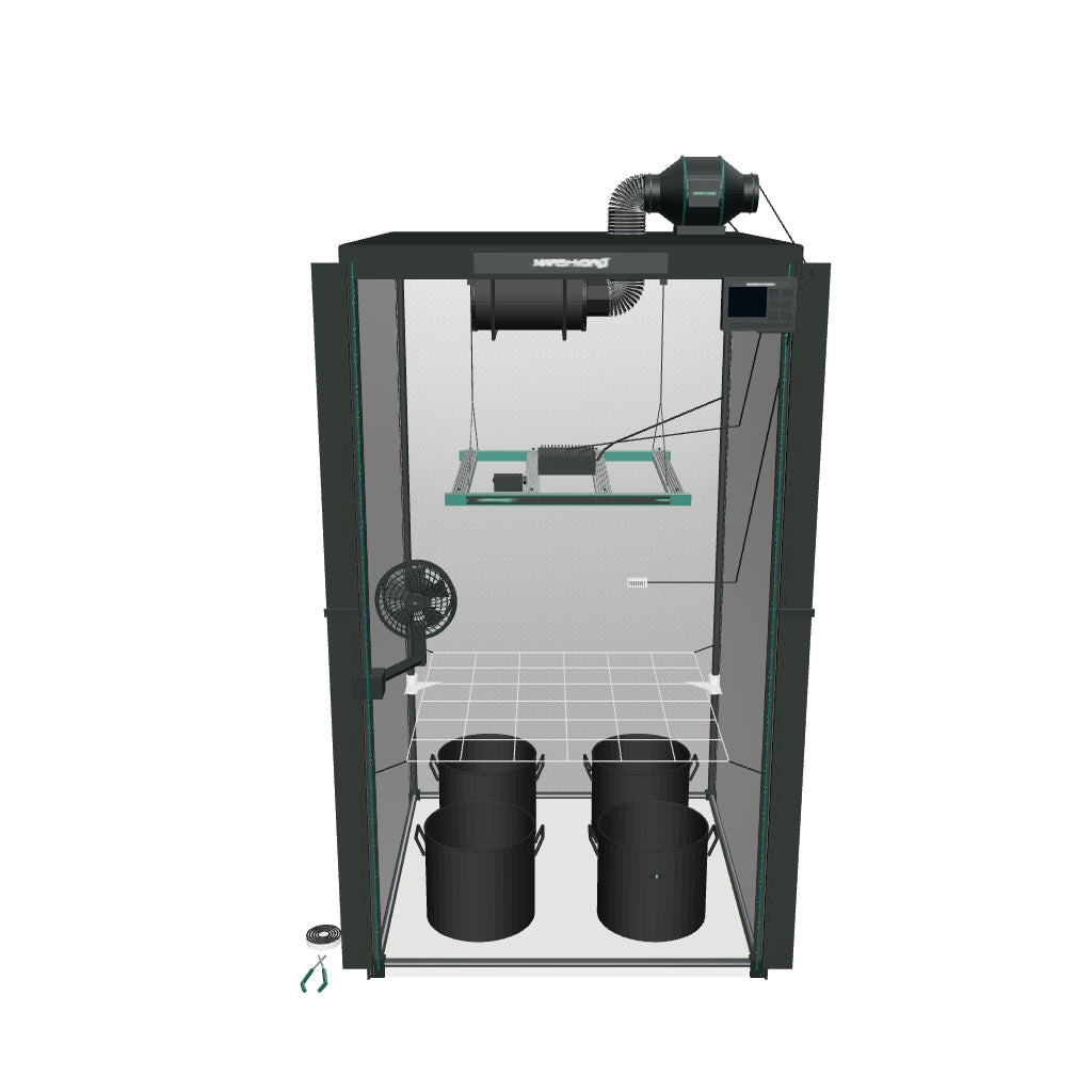 Mars Hydro Komplettset (100x100x180 cm) 300 Watt FC3000 LED mit iControl für smarte Steuerung und Pro-Growbox – fotobasierte 3D-Ansicht