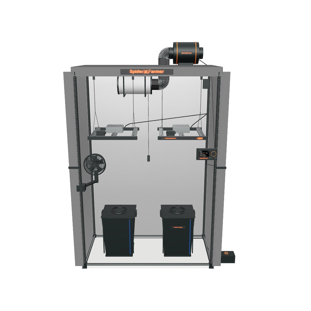 Spider Farmer Master Hydroponik (DWC) Komplettset (120x60x180 cm) 300 Watt 2x SE1500 EVO LED mit GGS für smarte Steuerung und 2 Töpfen – fotobasierte 3D-Ansicht