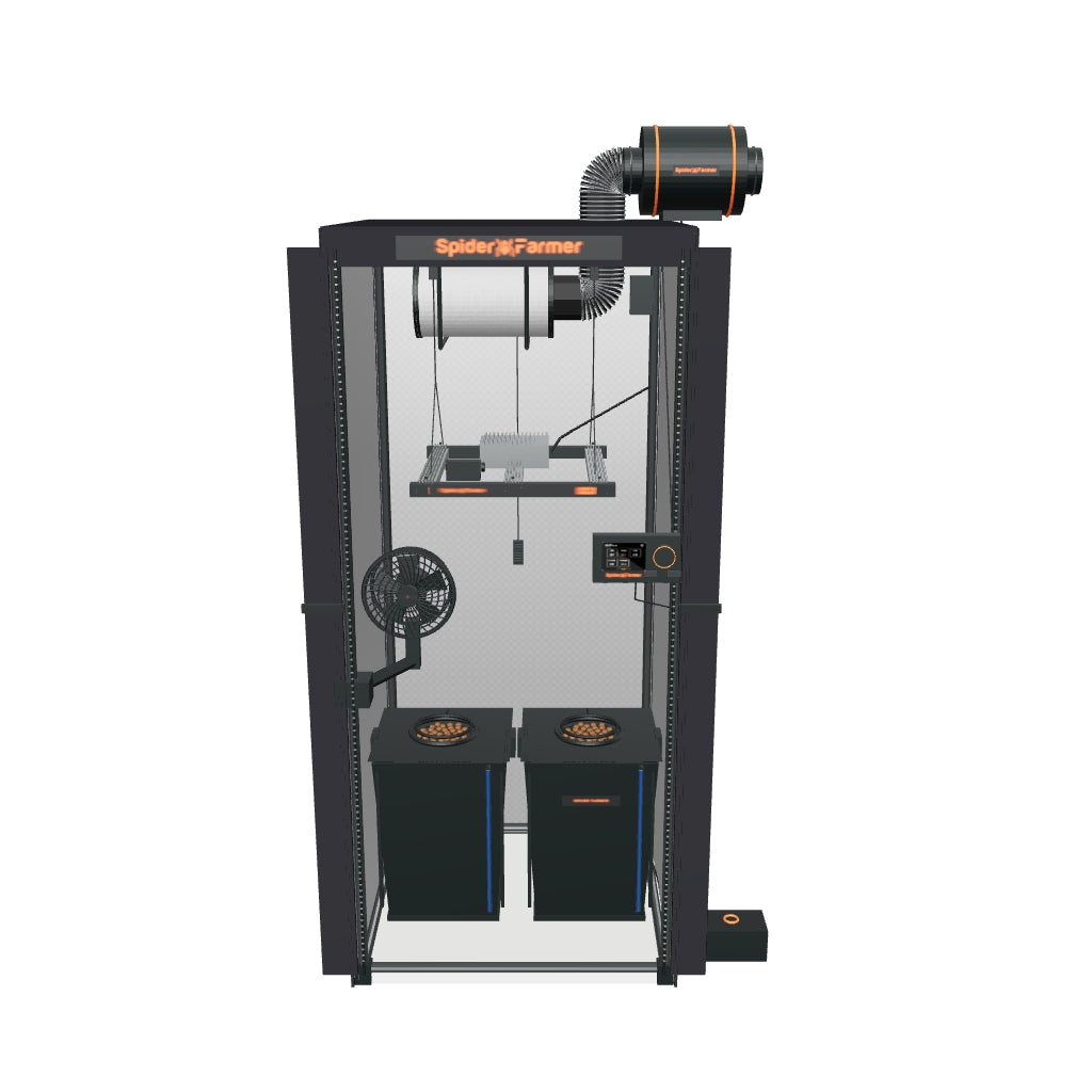 Spider Farmer Hydroponik (DWC) Komplettset (70x70x160 cm) 150 Watt G1500 EVO LED mit GGS für smarte Steuerung und 2 Töpfen – fotobasierte 3D-Ansicht